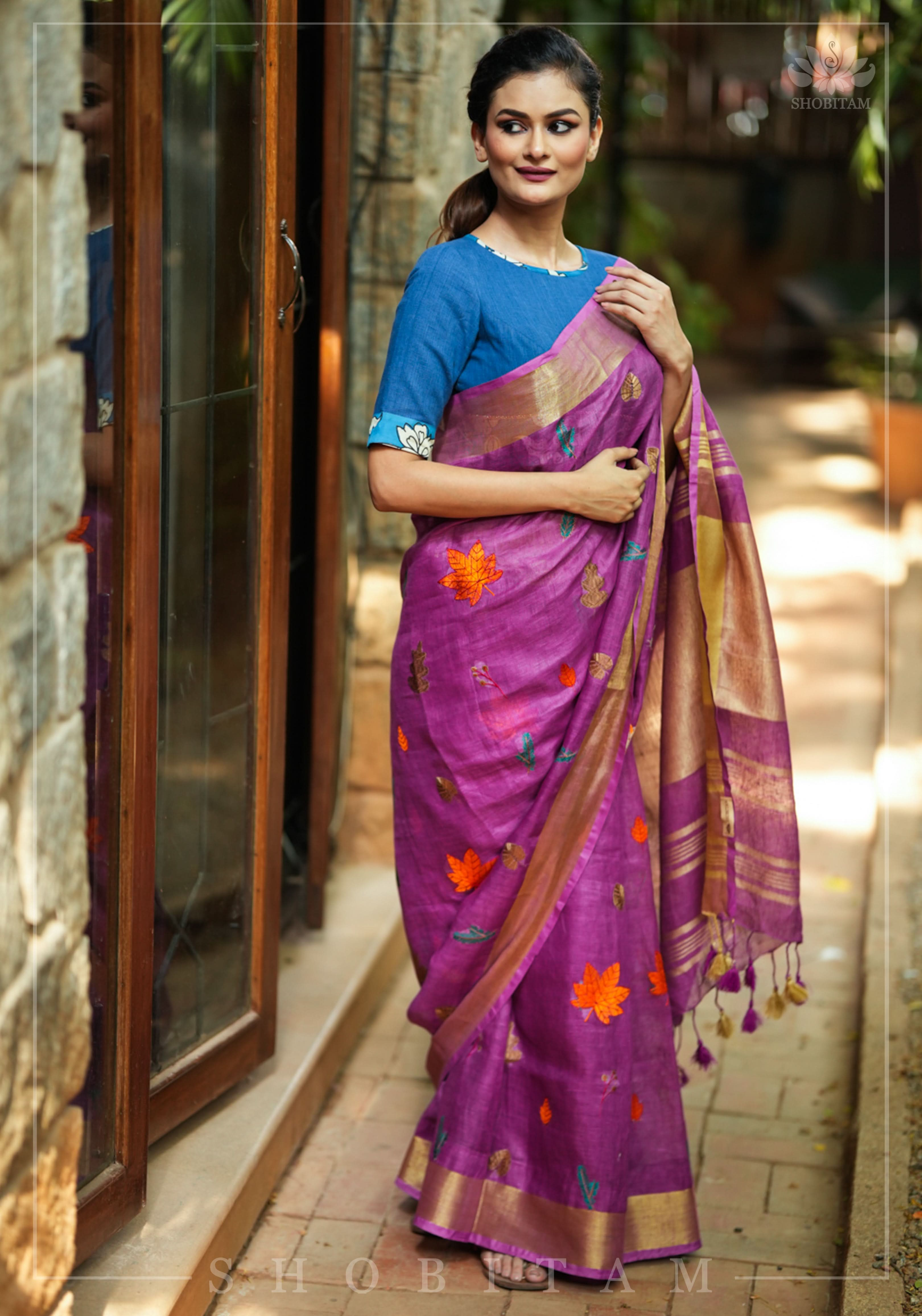 Light Purple Linen Saree with Embroidery | Shobitam Saree