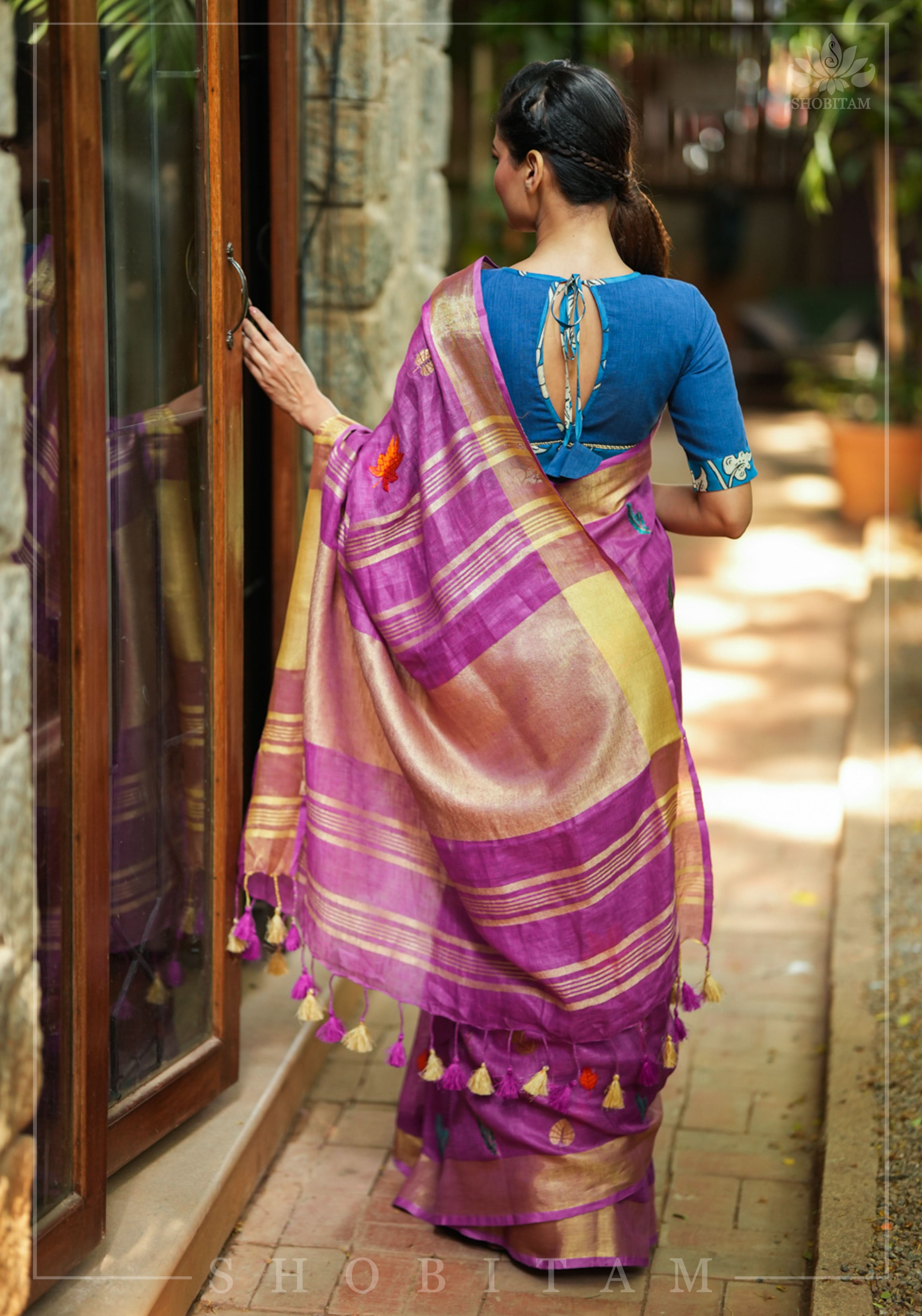 Light Purple Linen Saree with Embroidery | Shobitam Saree