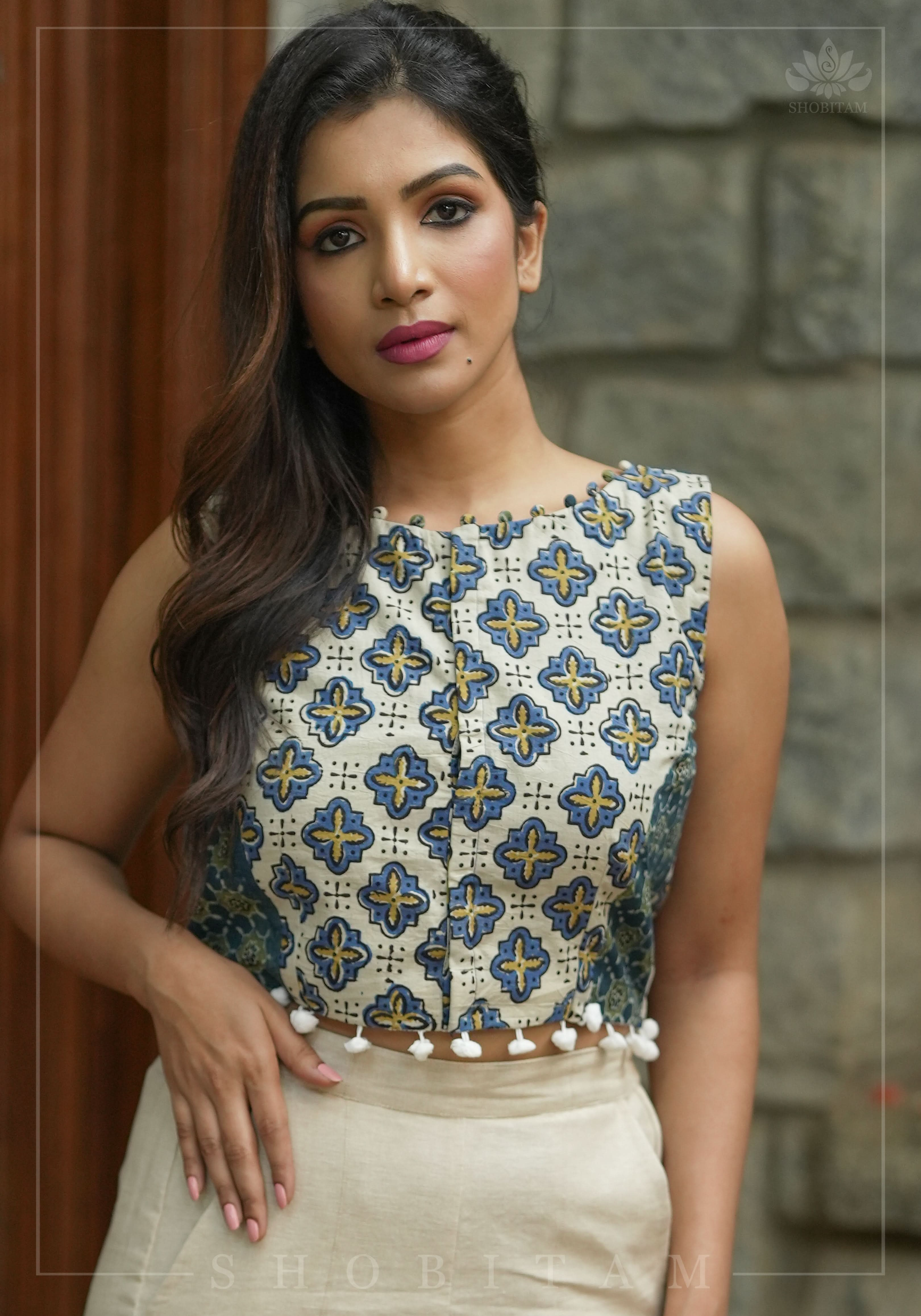 Indigo Crop Top with 2 fabric Hand Block Print on Pure Cotton with Pompom and potli button detailing