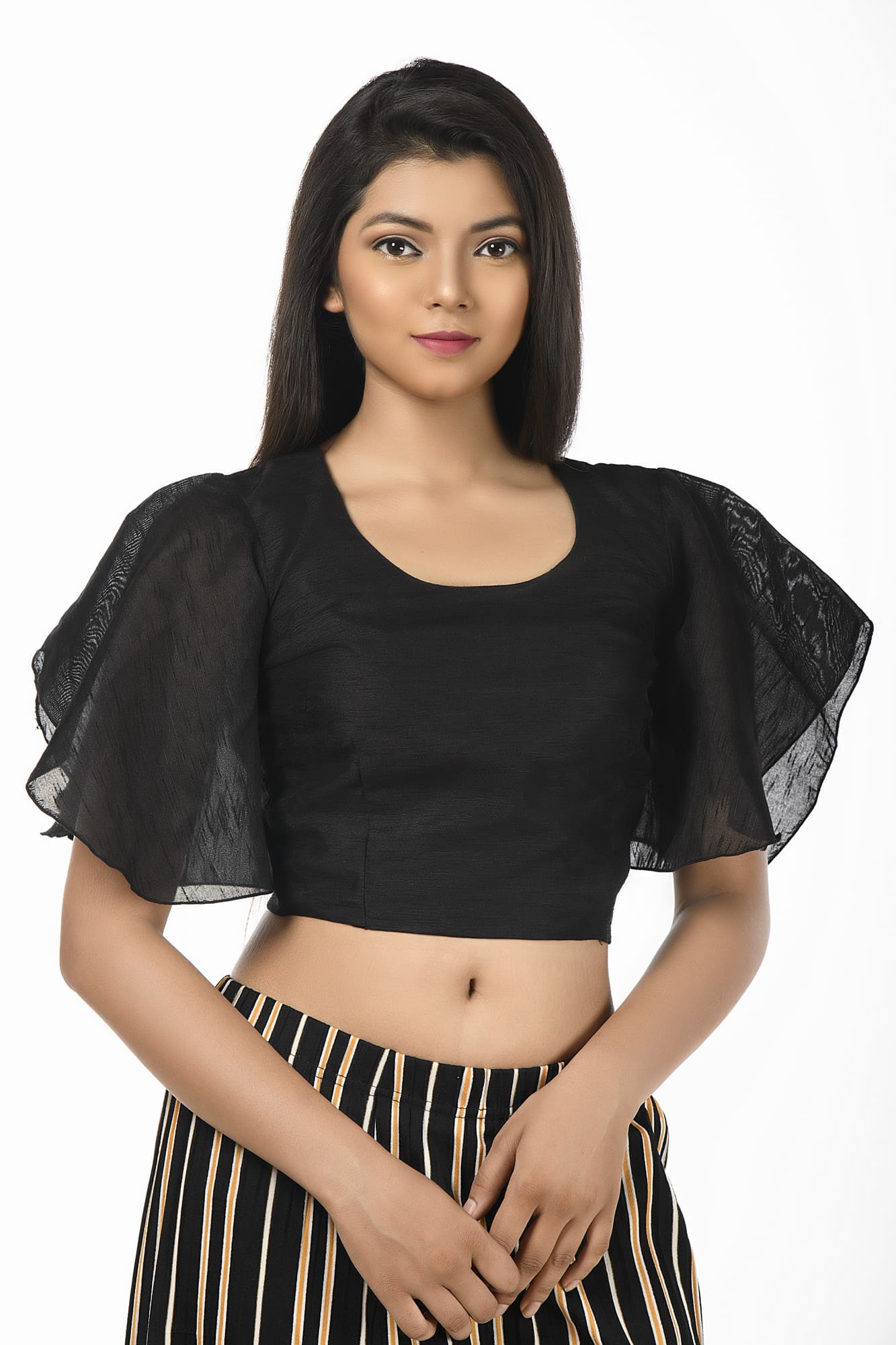 Black Raw Silk Blouse with Bell Sleeves