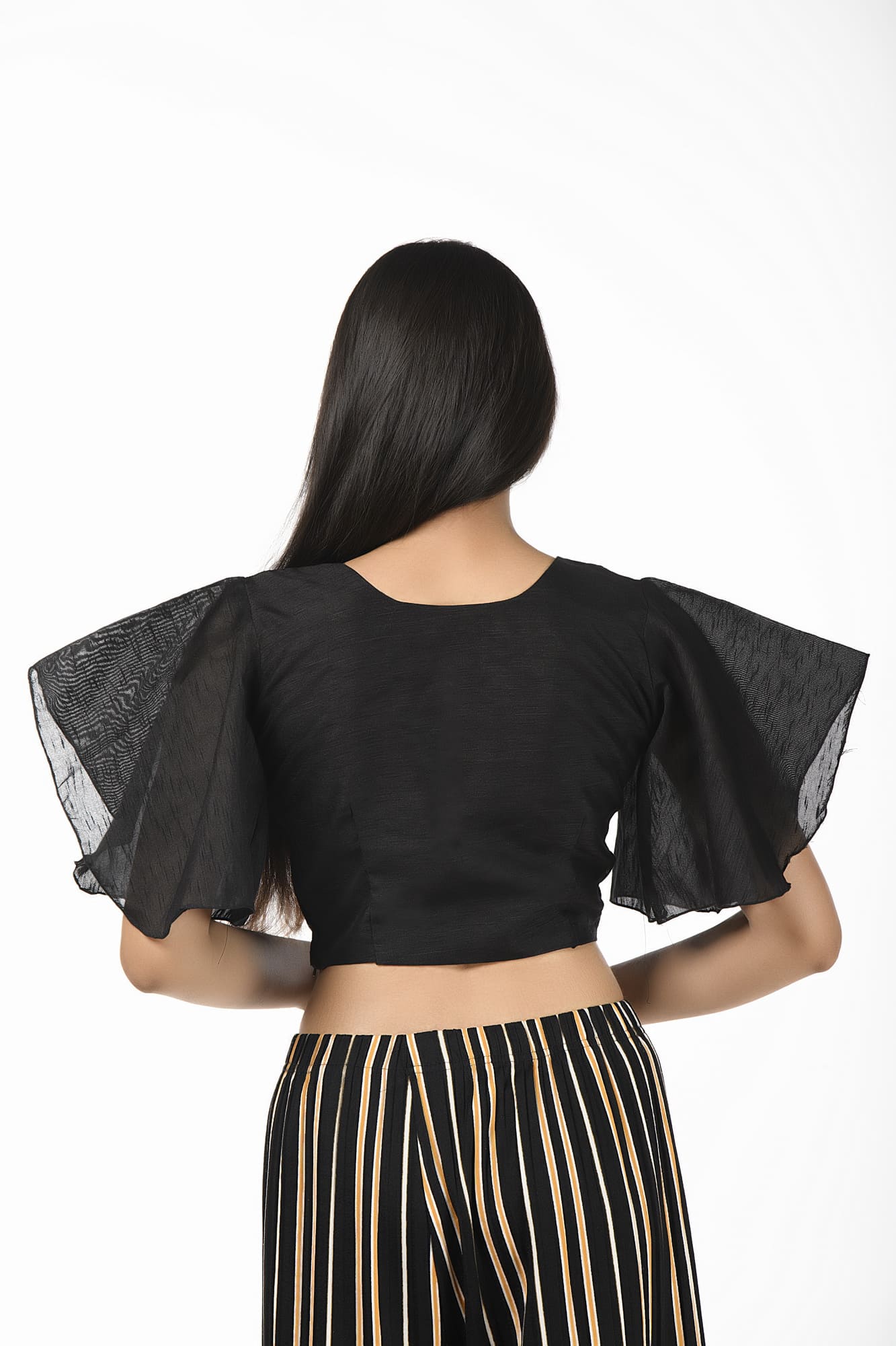 Black Raw Silk Blouse with Bell Sleeves