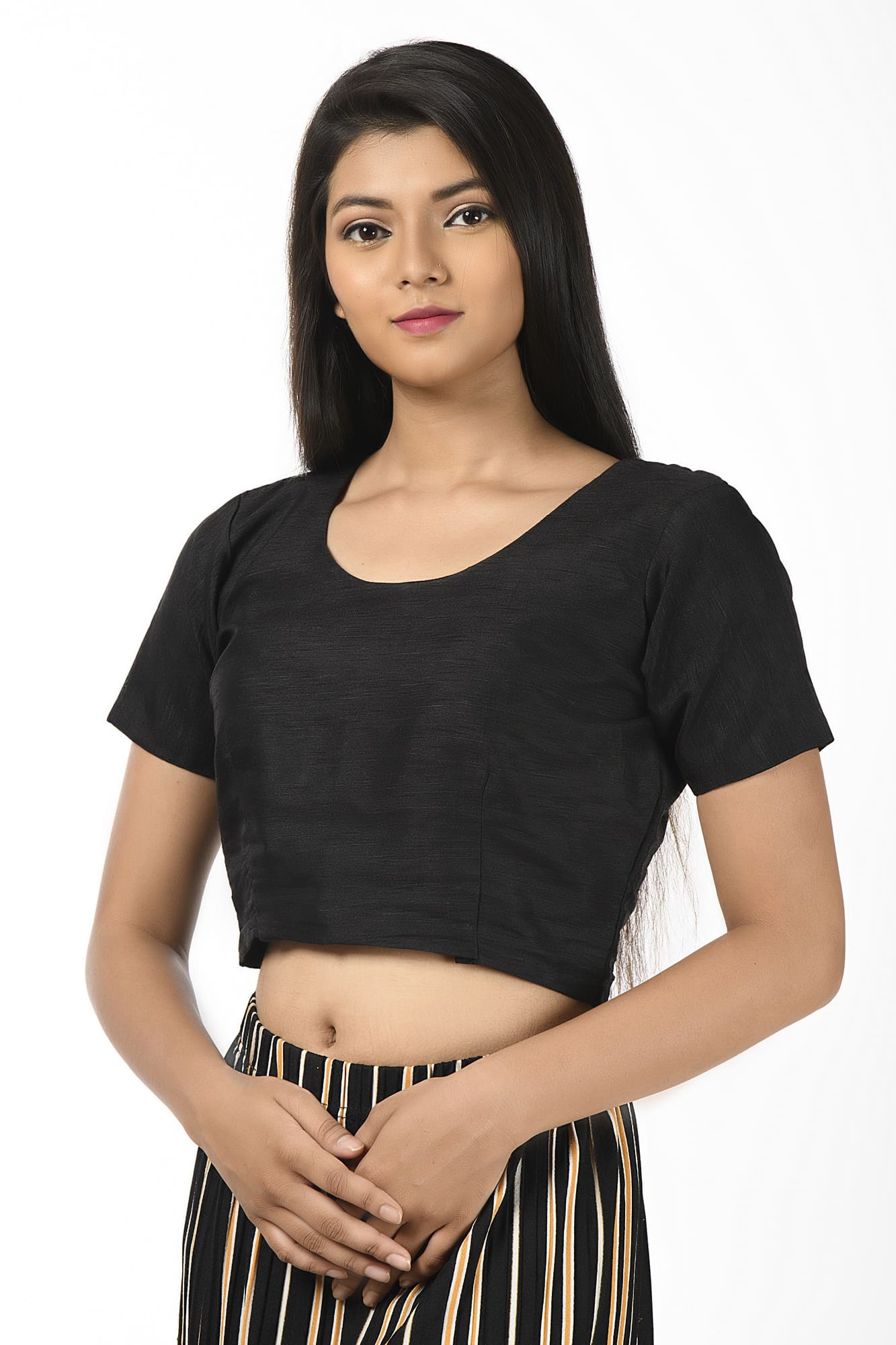 Short Sleeves Raw Silk Black Blouse