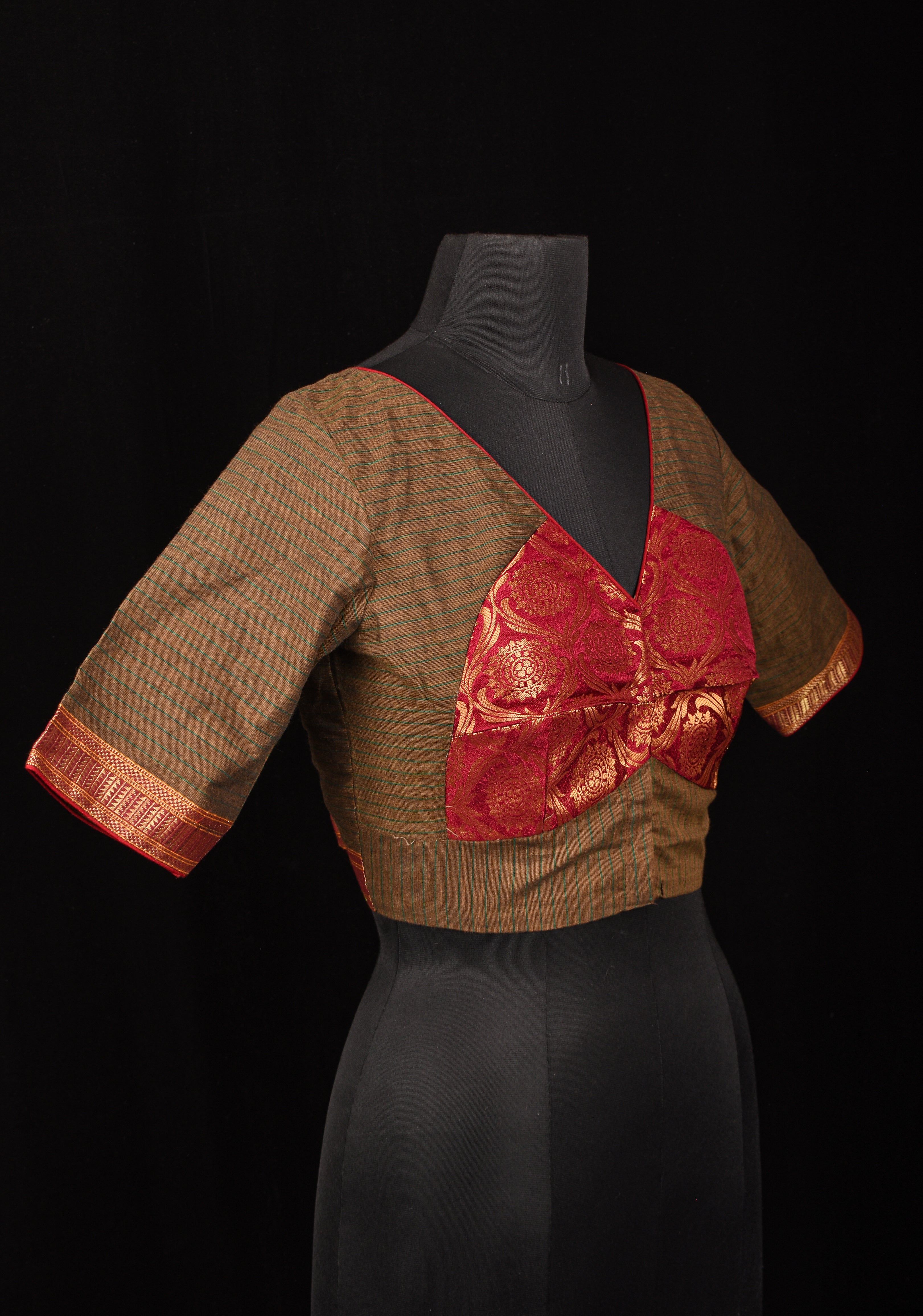 Size 36: Mangalagiri Henna Green and red Cotton Blouse with Red Brocade Bustier