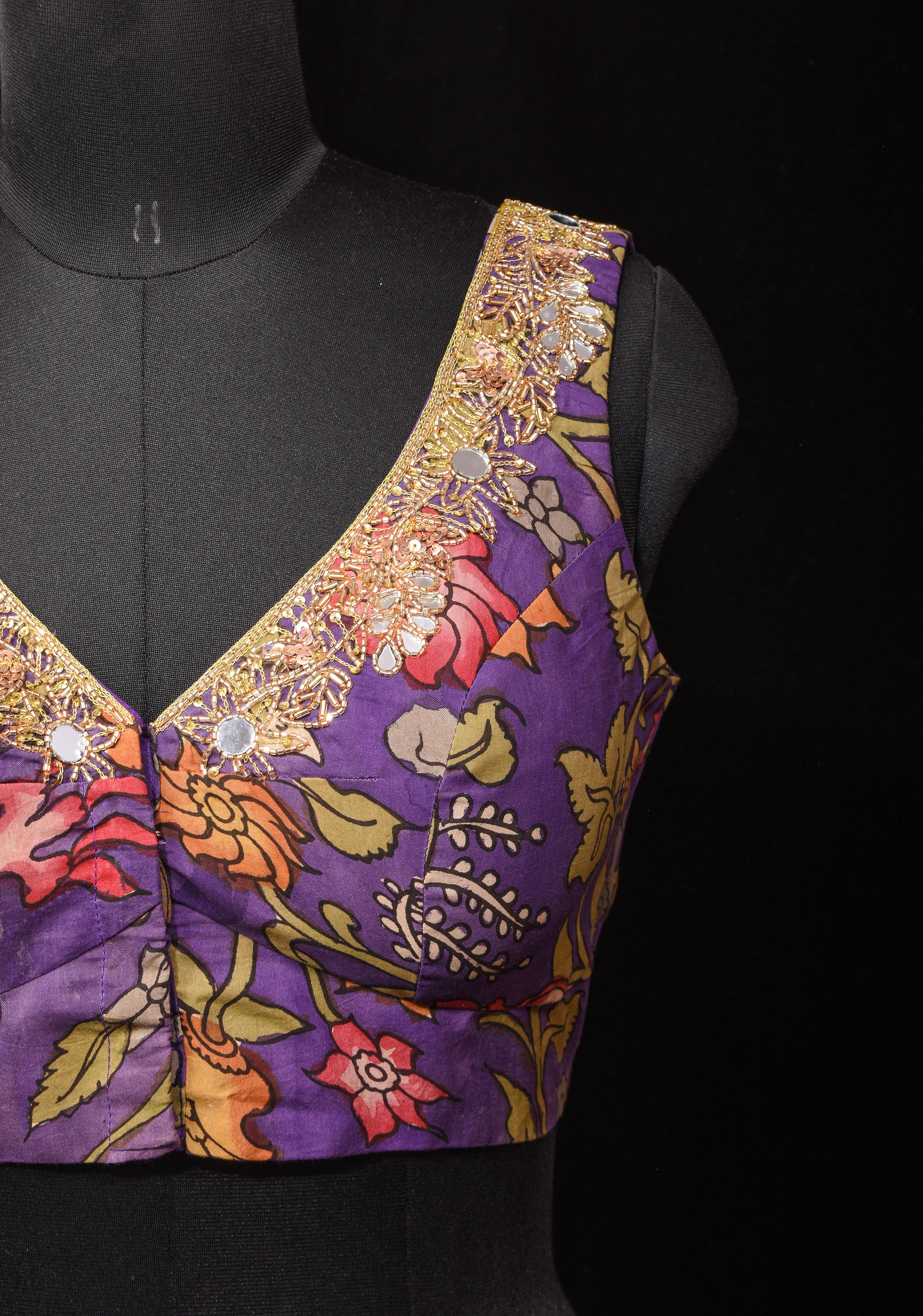 Purple Pure Pen Kalamkari Sleeveless Blouse with Mirror and Cutdana handworked embellishments, customizable, made-to-order