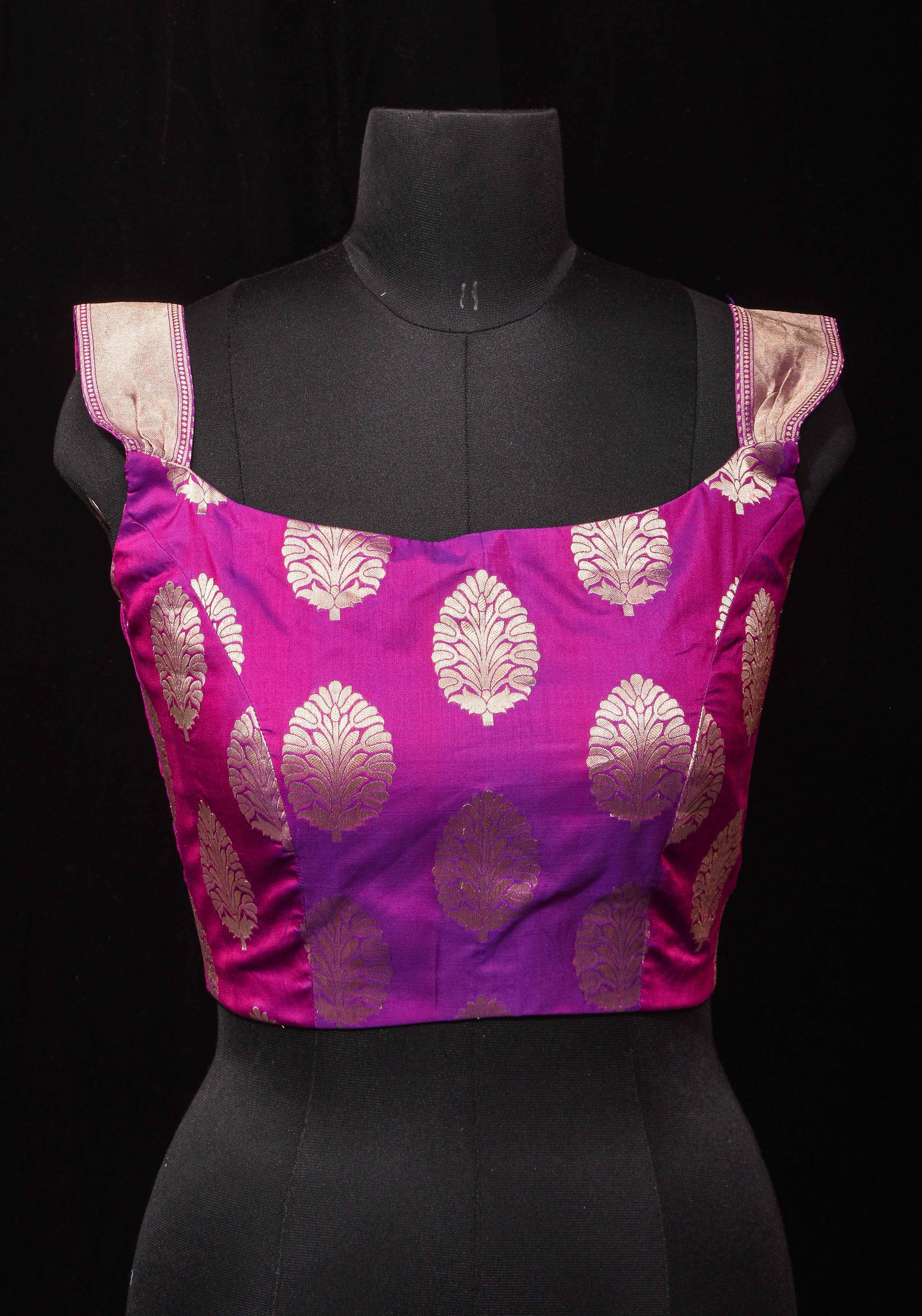 Purple Dual Tone Pure Banarasi Silk Big Zari Butta Blouse with Shoulder straps,customizable, made-to-order