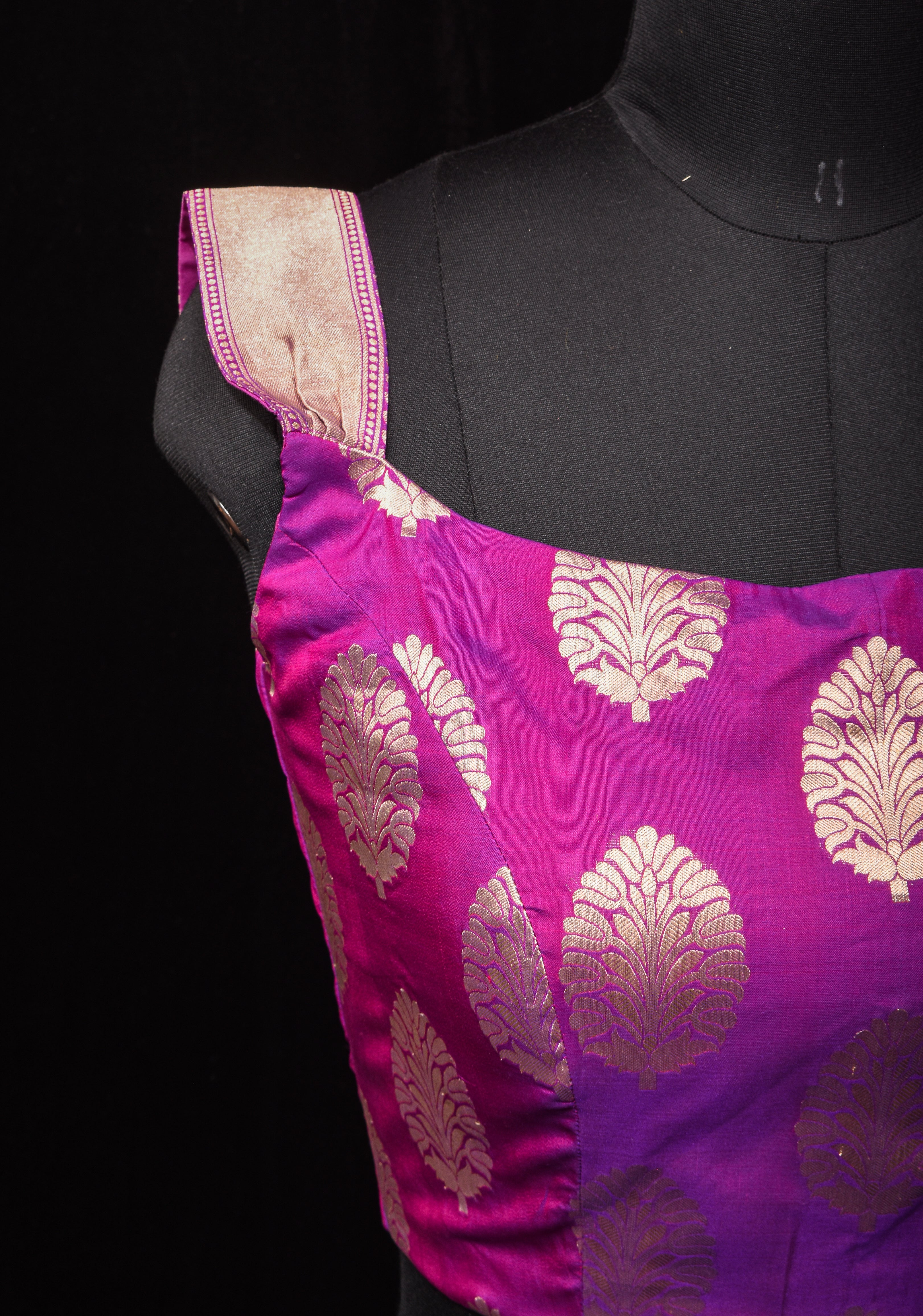 Purple Dual Tone Pure Banarasi Silk Big Zari Butta Blouse with Shoulder straps,customizable, made-to-order