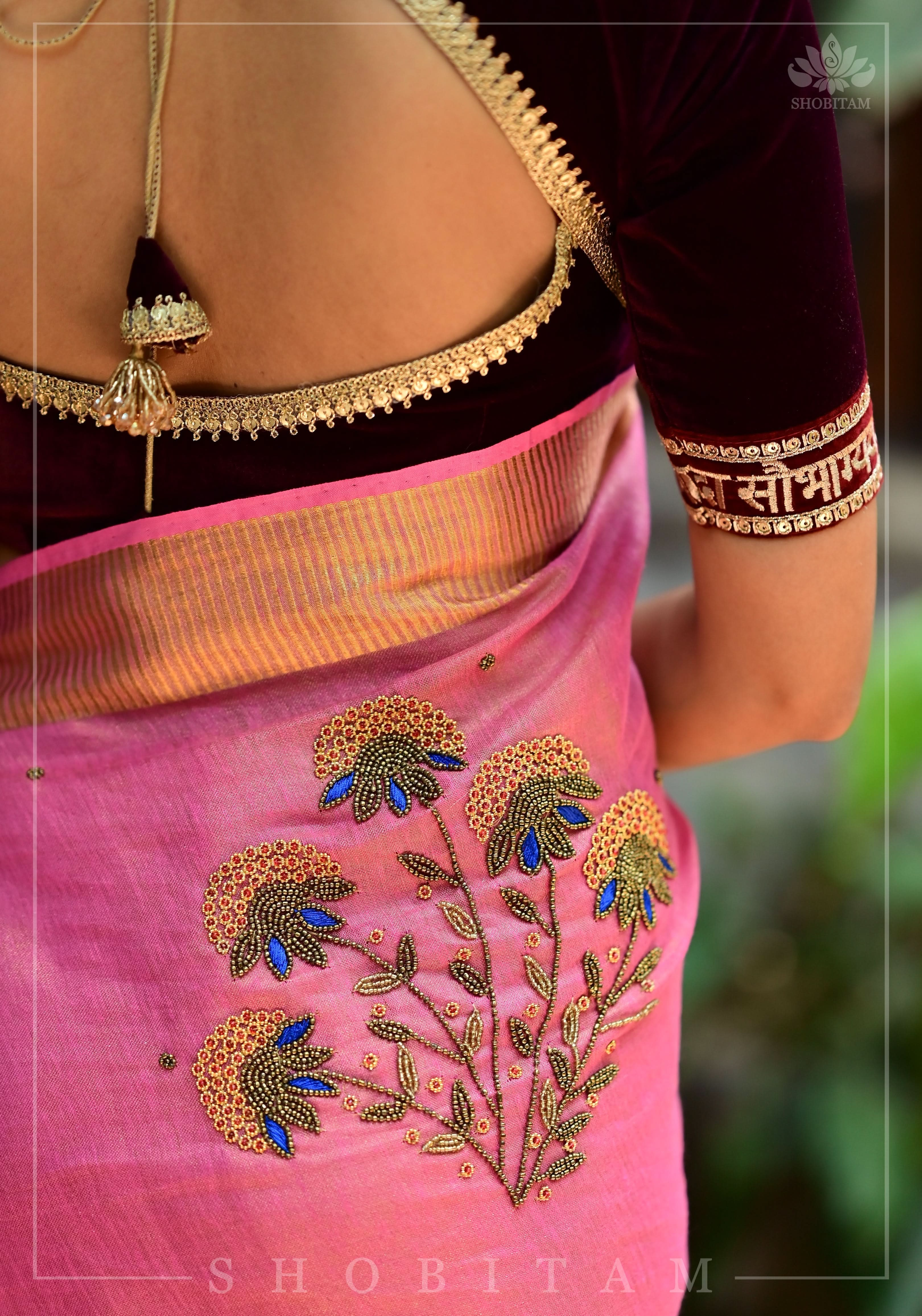 Bead and embroidery handwork on Tissue Linen Saree in Pink and Gold Tissue