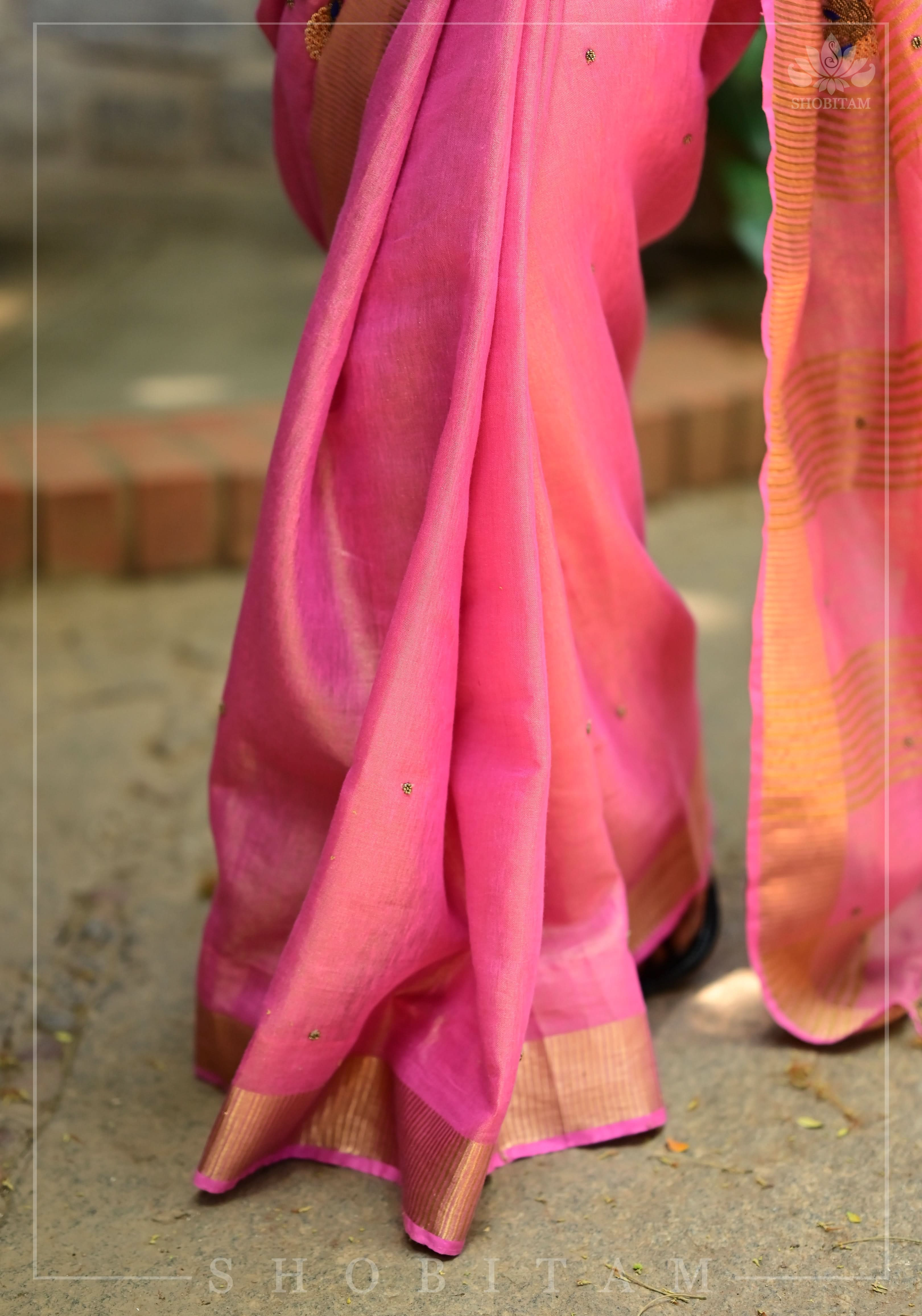 Bead and embroidery handwork on Tissue Linen Saree in Pink and Gold Tissue