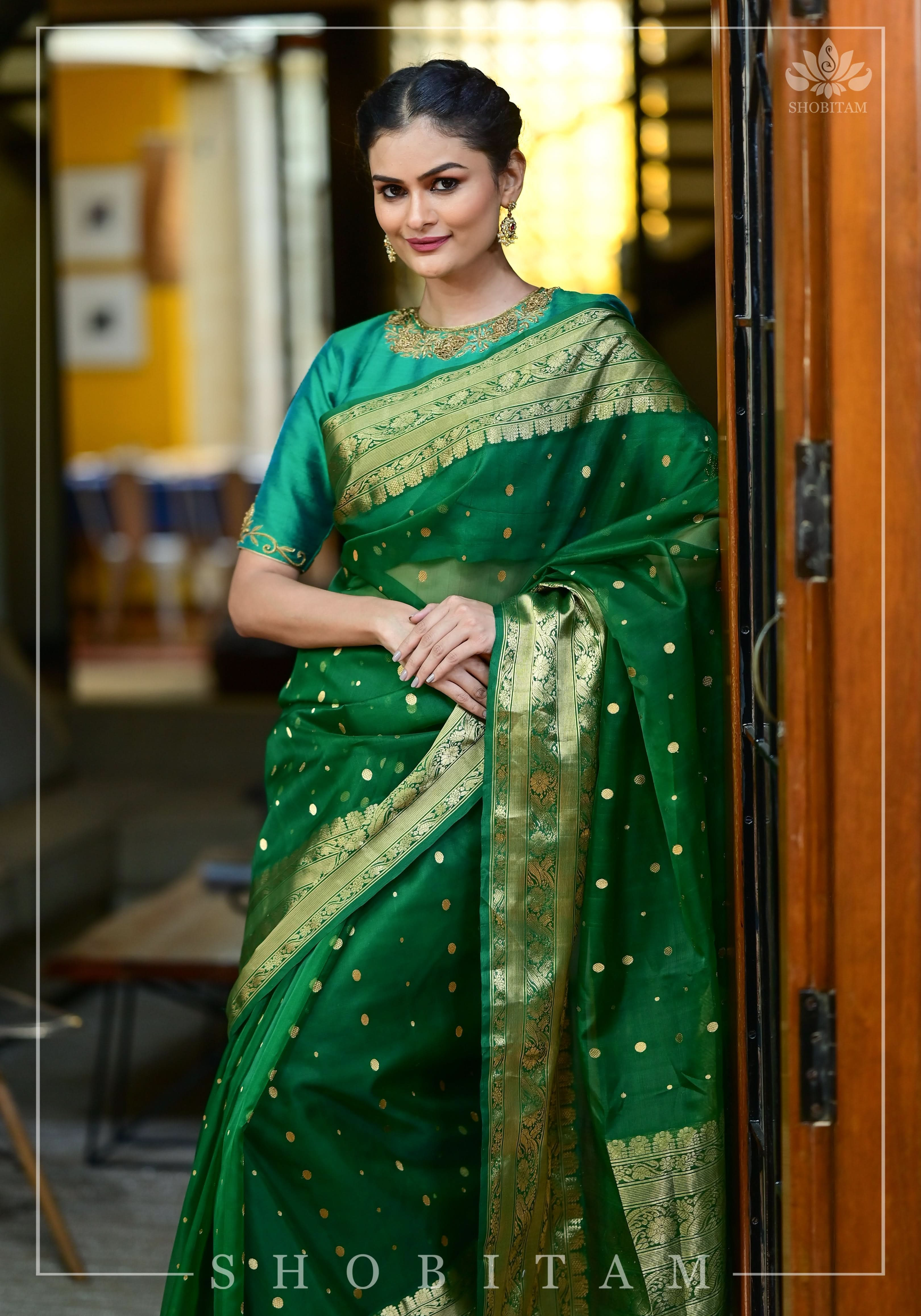 Authentic Emerald Green Chanderi Silk Saree with dense dainty buttas and Wide Zari Buttas. Celebrity Saree