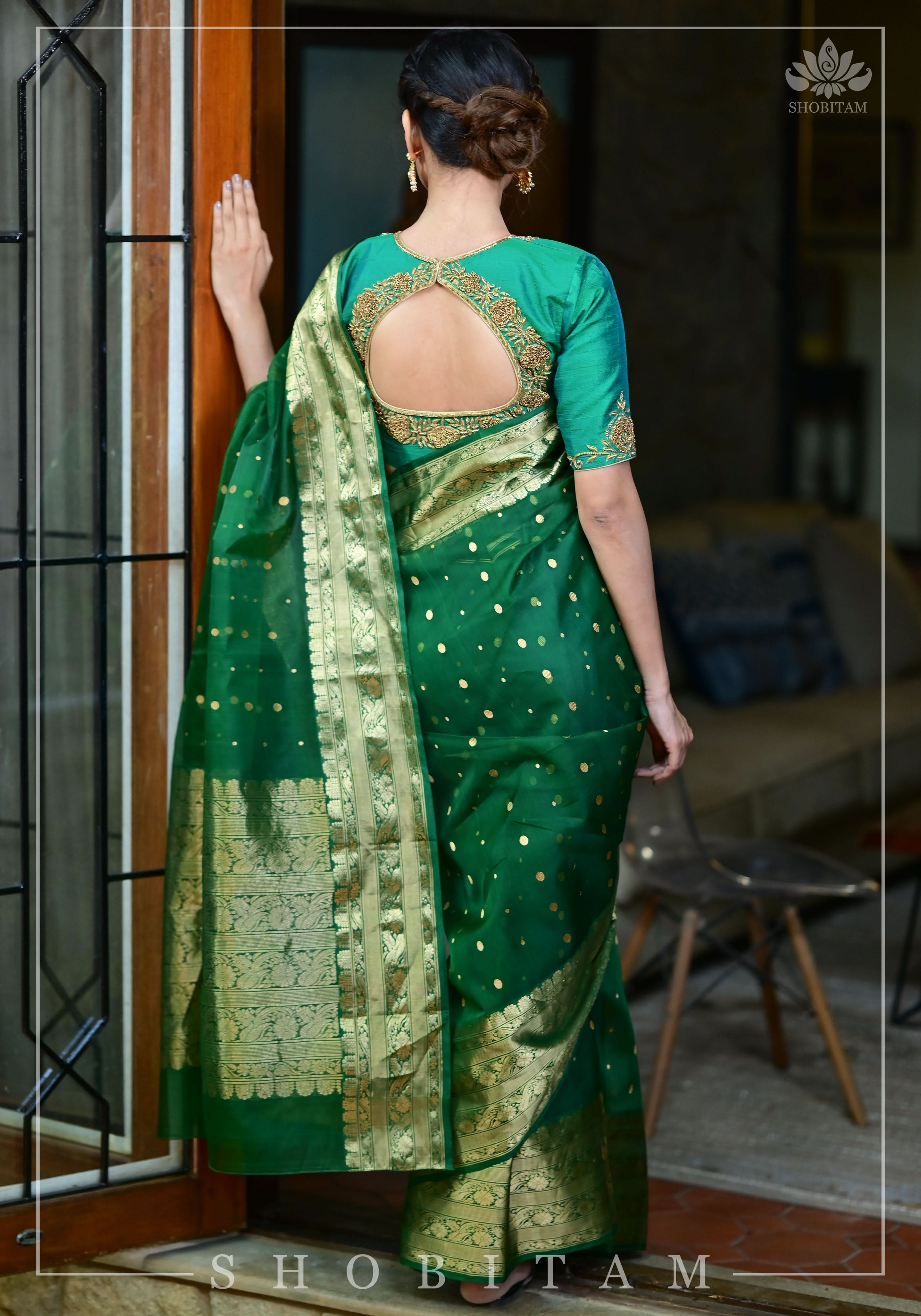 Authentic Emerald Green Chanderi Silk Saree with dense dainty buttas and Wide Zari Buttas. Celebrity Saree