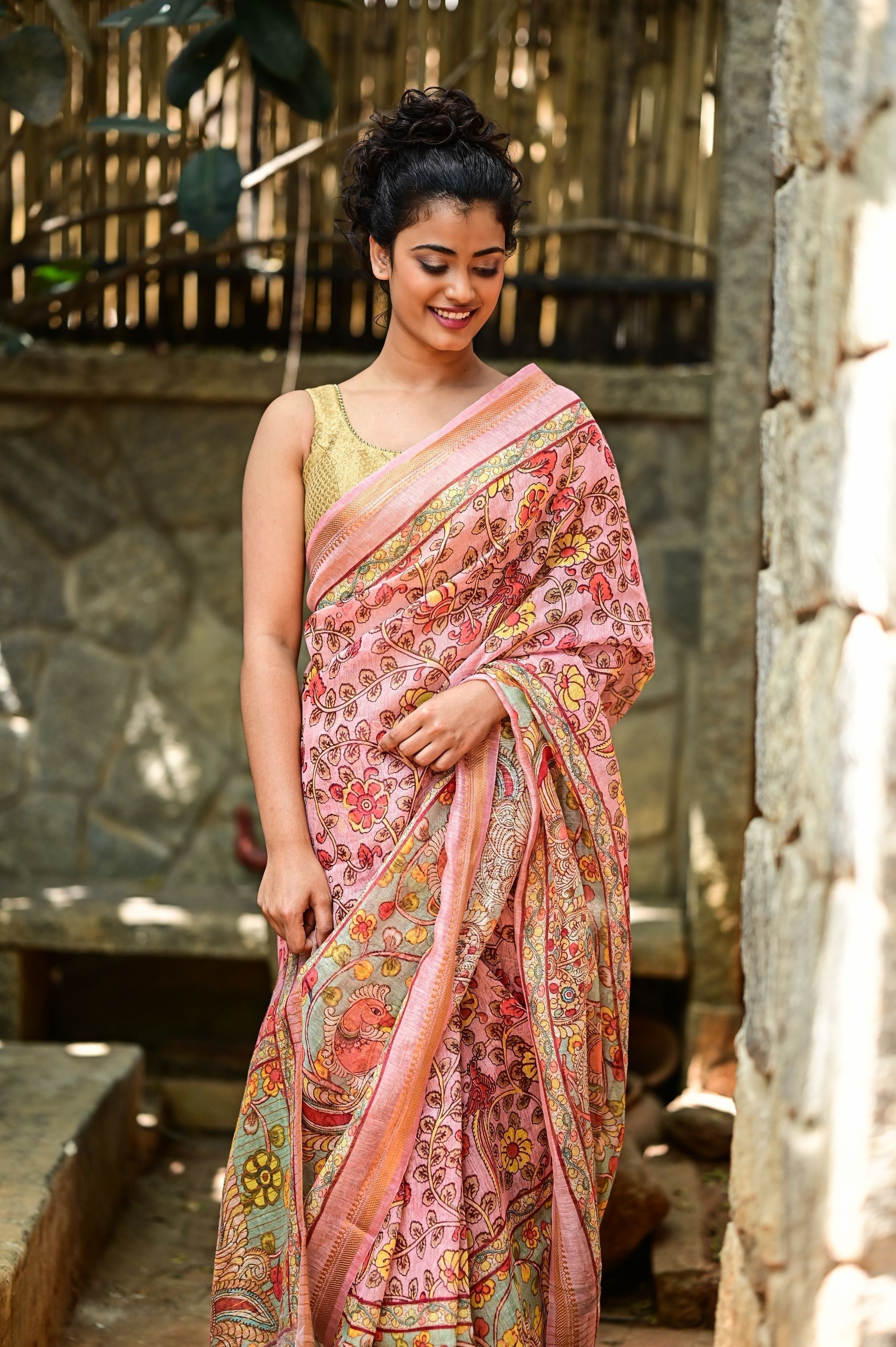 Rose Silk Linen Saree with Kalamkari Digital Print