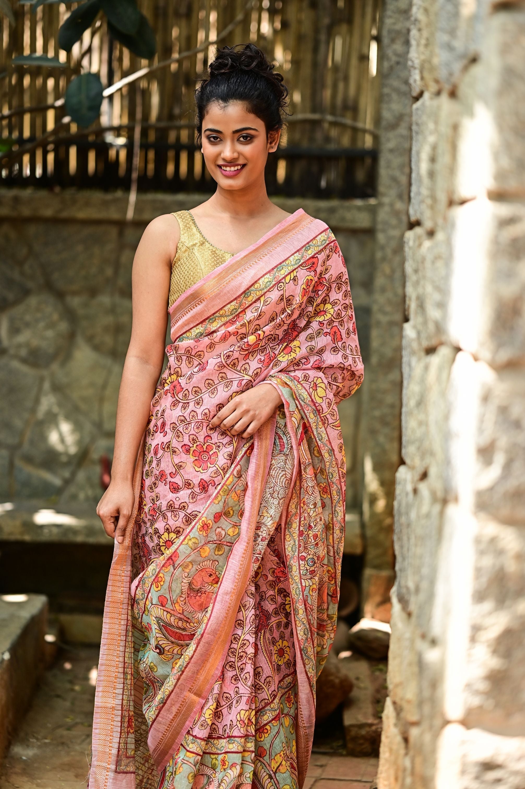 Rose Silk Linen Saree with Kalamkari Digital Print