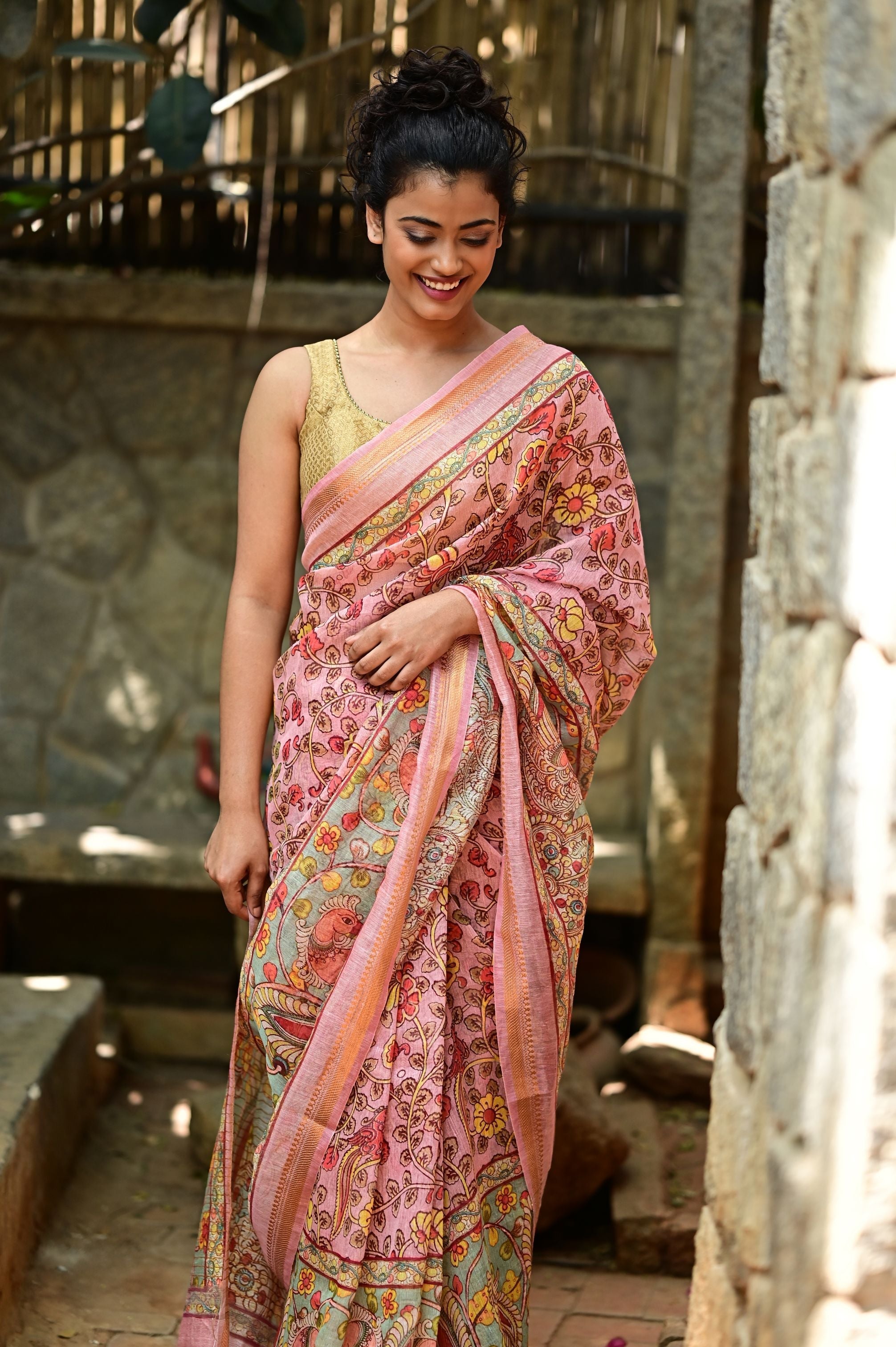 Rose Silk Linen Saree with Kalamkari Digital Print