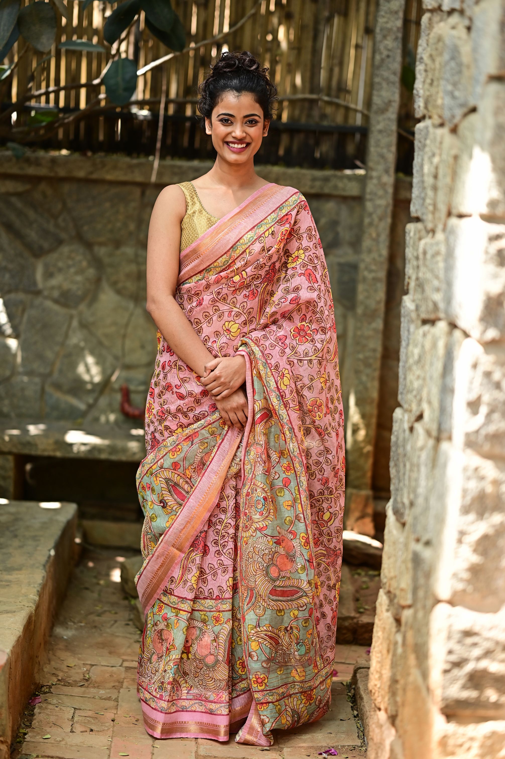 Rose Silk Linen Saree with Kalamkari Digital Print