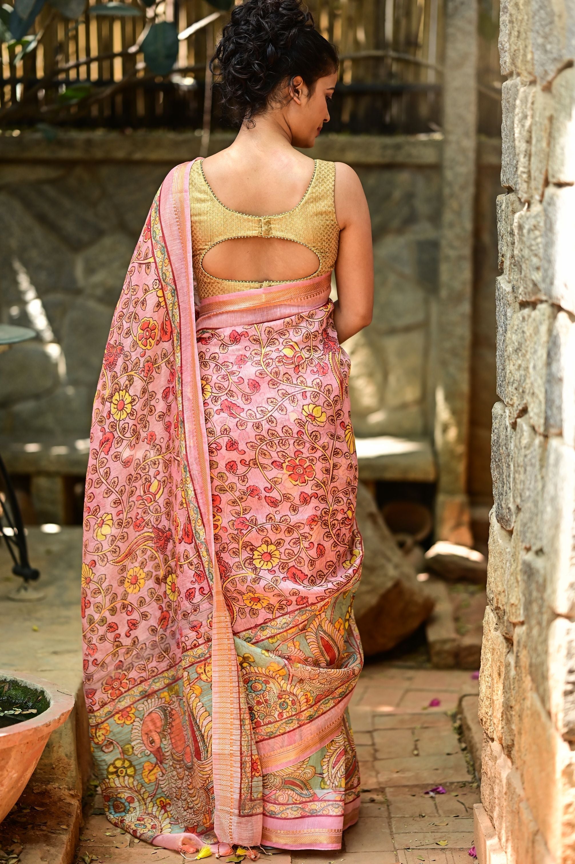 Rose Silk Linen Saree with Kalamkari Digital Print