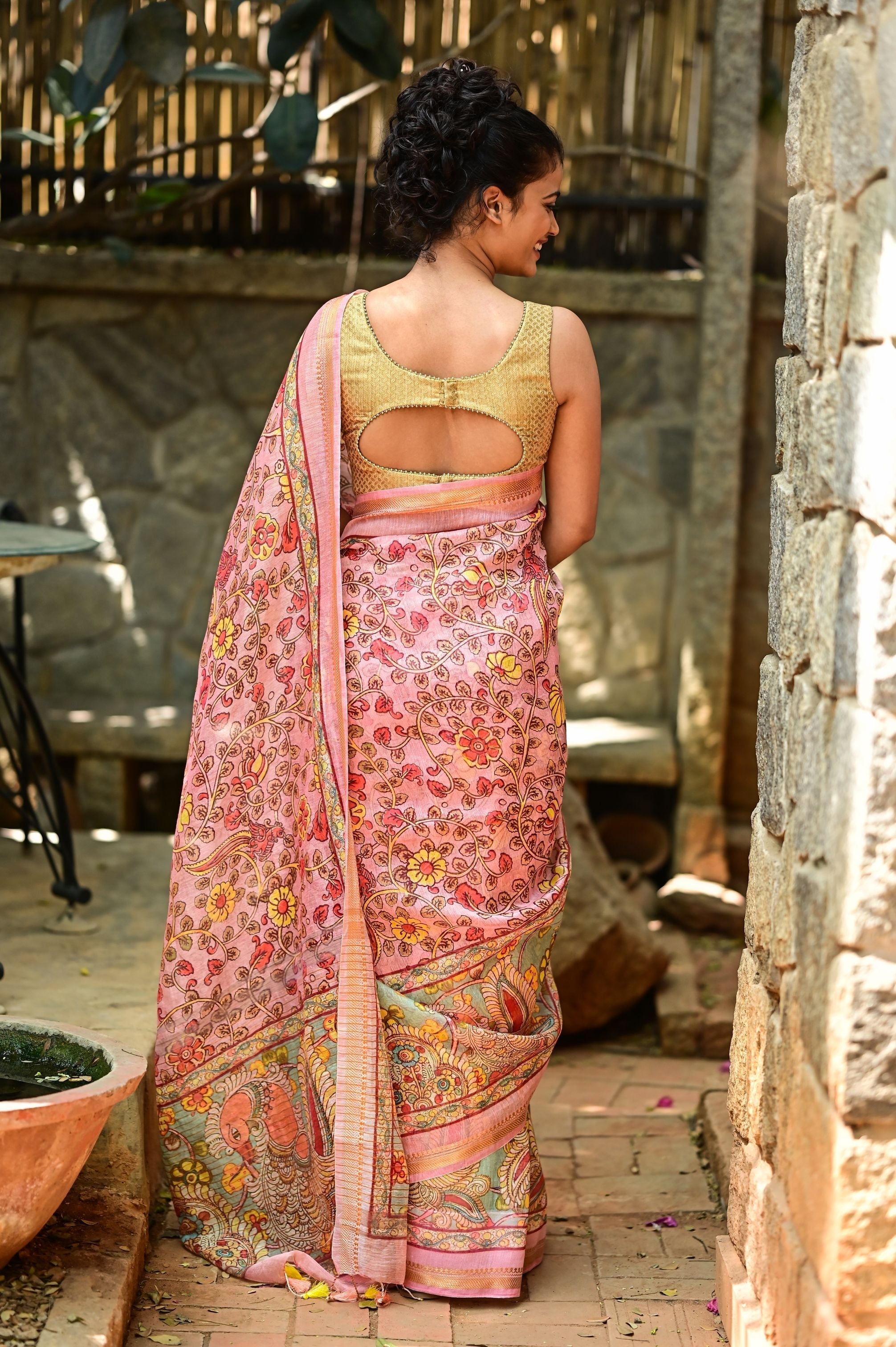 Rose Silk Linen Saree with Kalamkari Digital Print