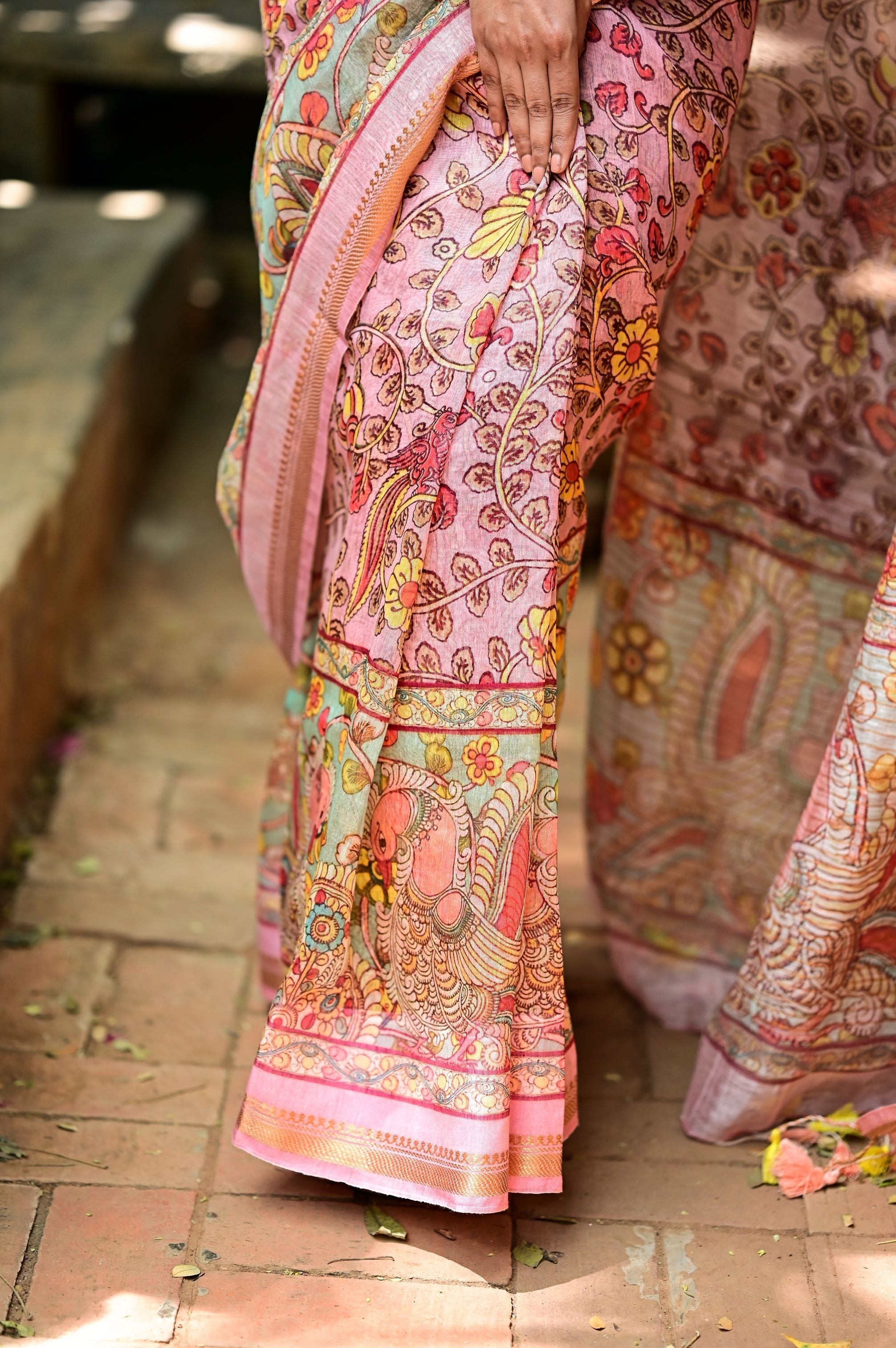 Rose Silk Linen Saree with Kalamkari Digital Print