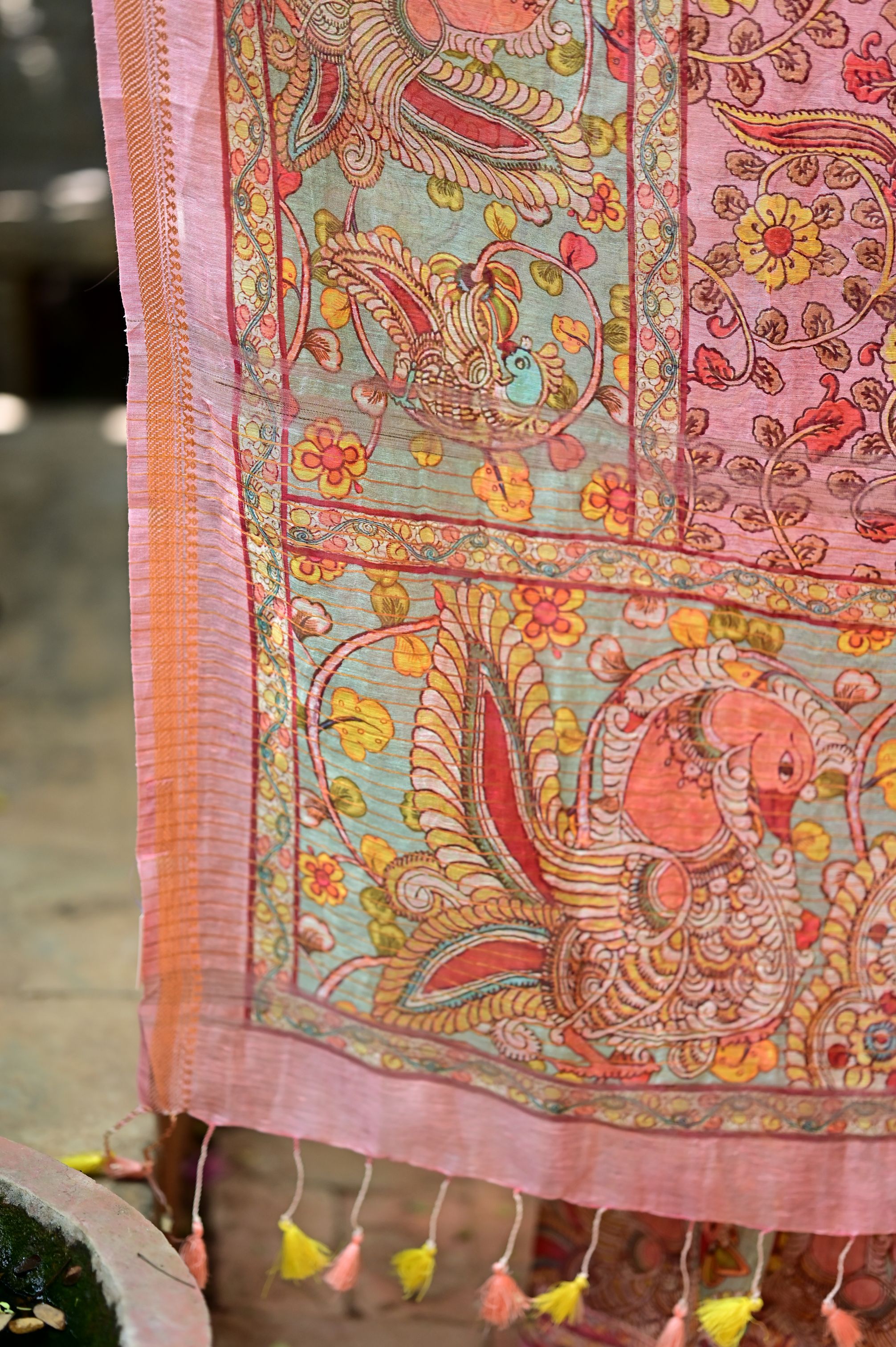 Rose Silk Linen Saree with Kalamkari Digital Print