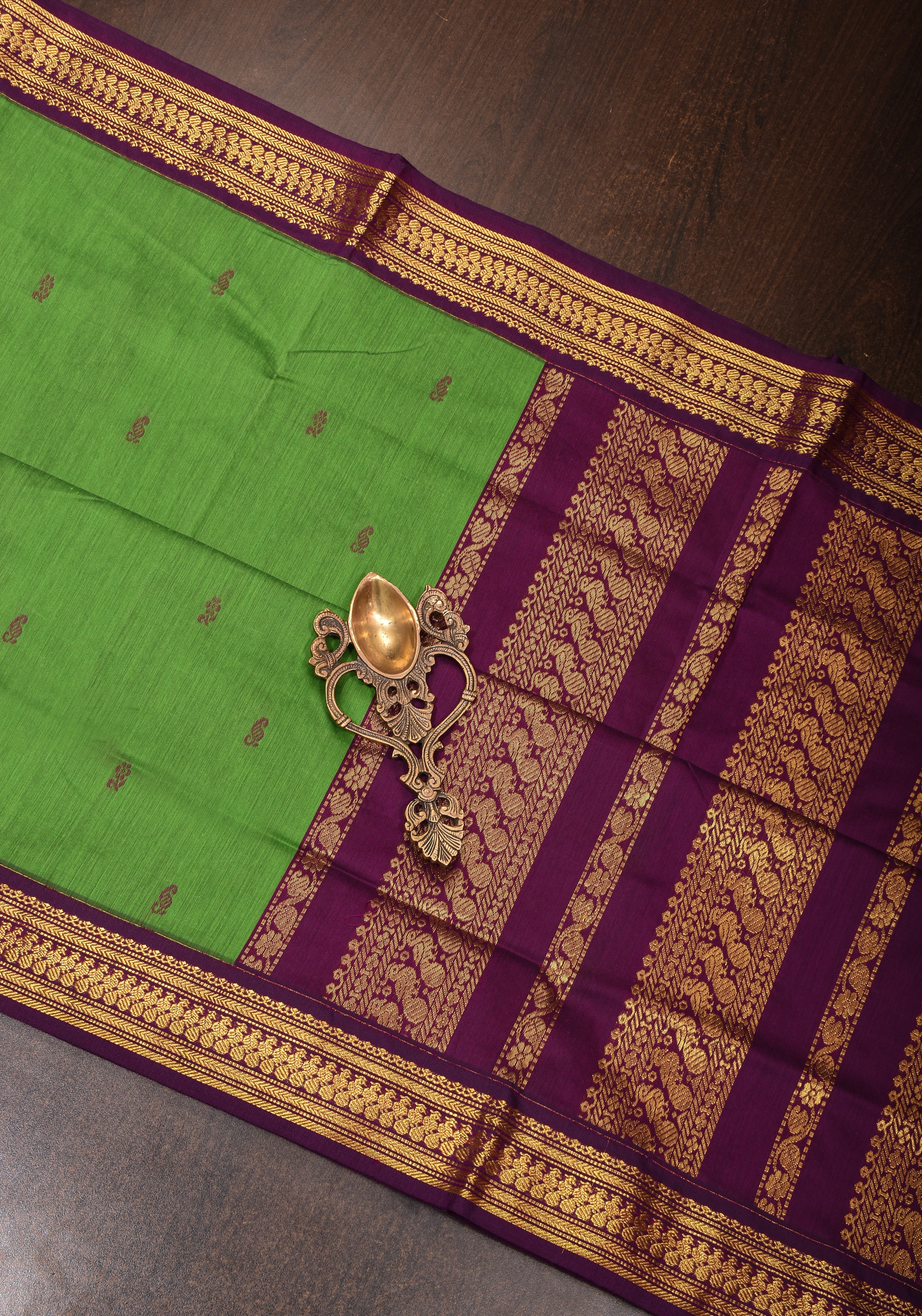 Green Cotton Silk Saree with Zari borders and Plum Contrast