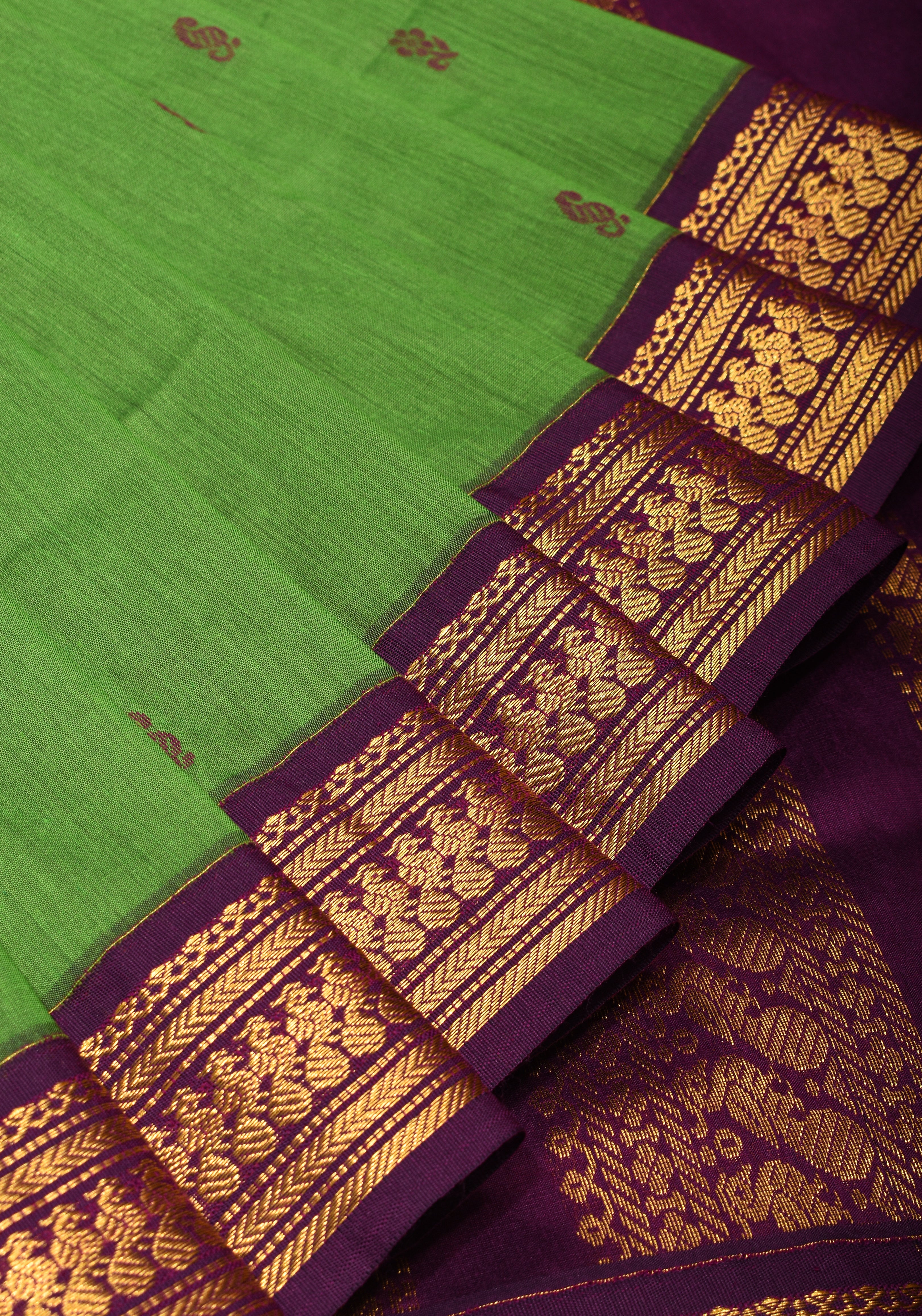 Green Cotton Silk Saree with Zari borders and Plum Contrast