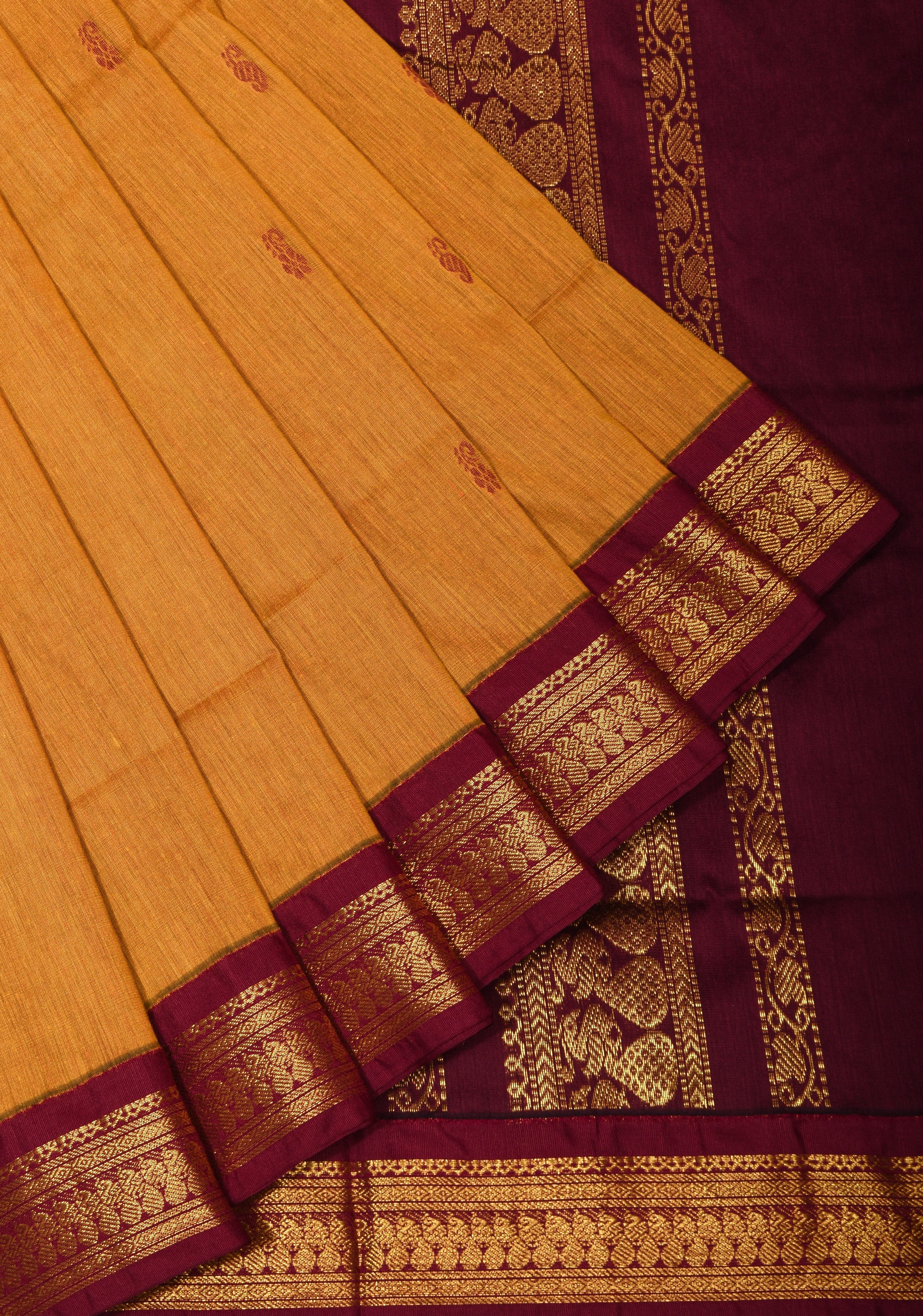 Mustard Yellow  Cotton Silk Saree with Zari borders and Maroon Contrast