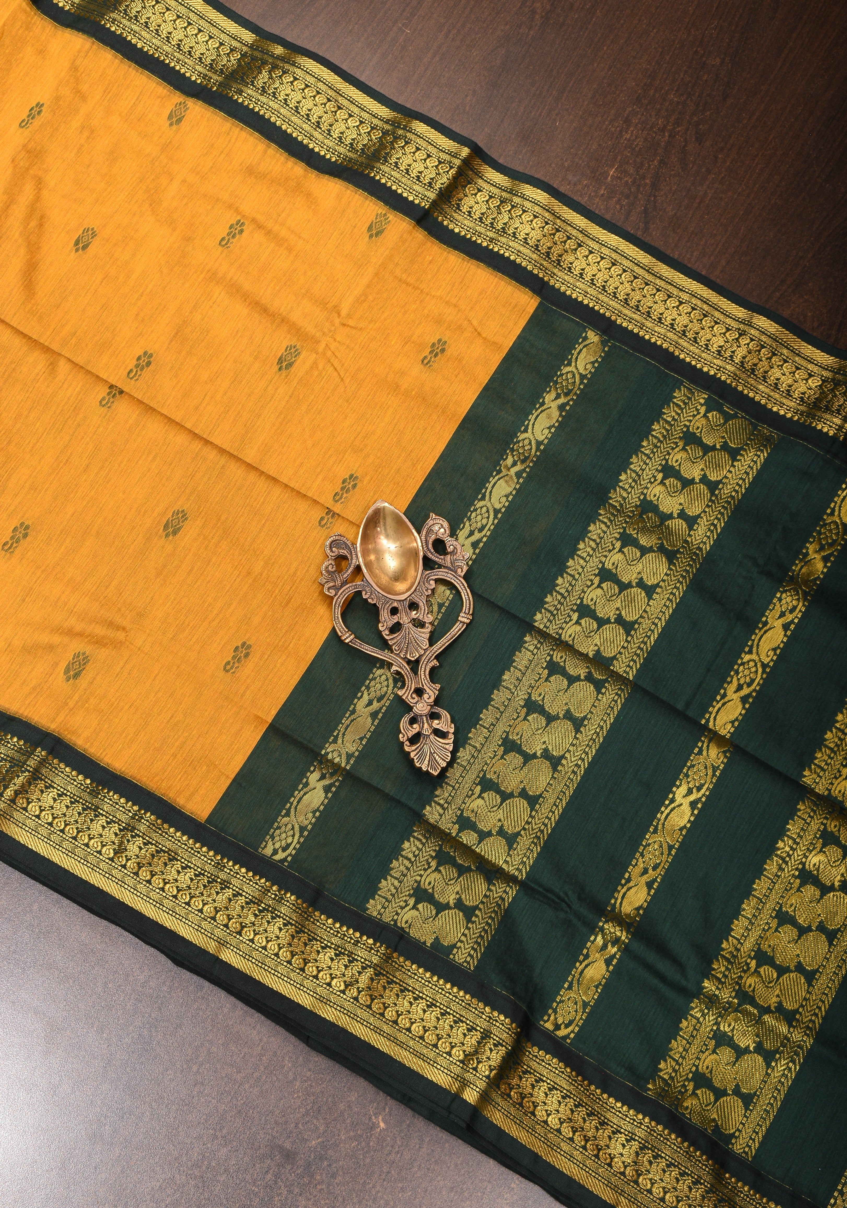 Ochre Cotton Silk Saree with Zari borders and GreenBlack Contrast