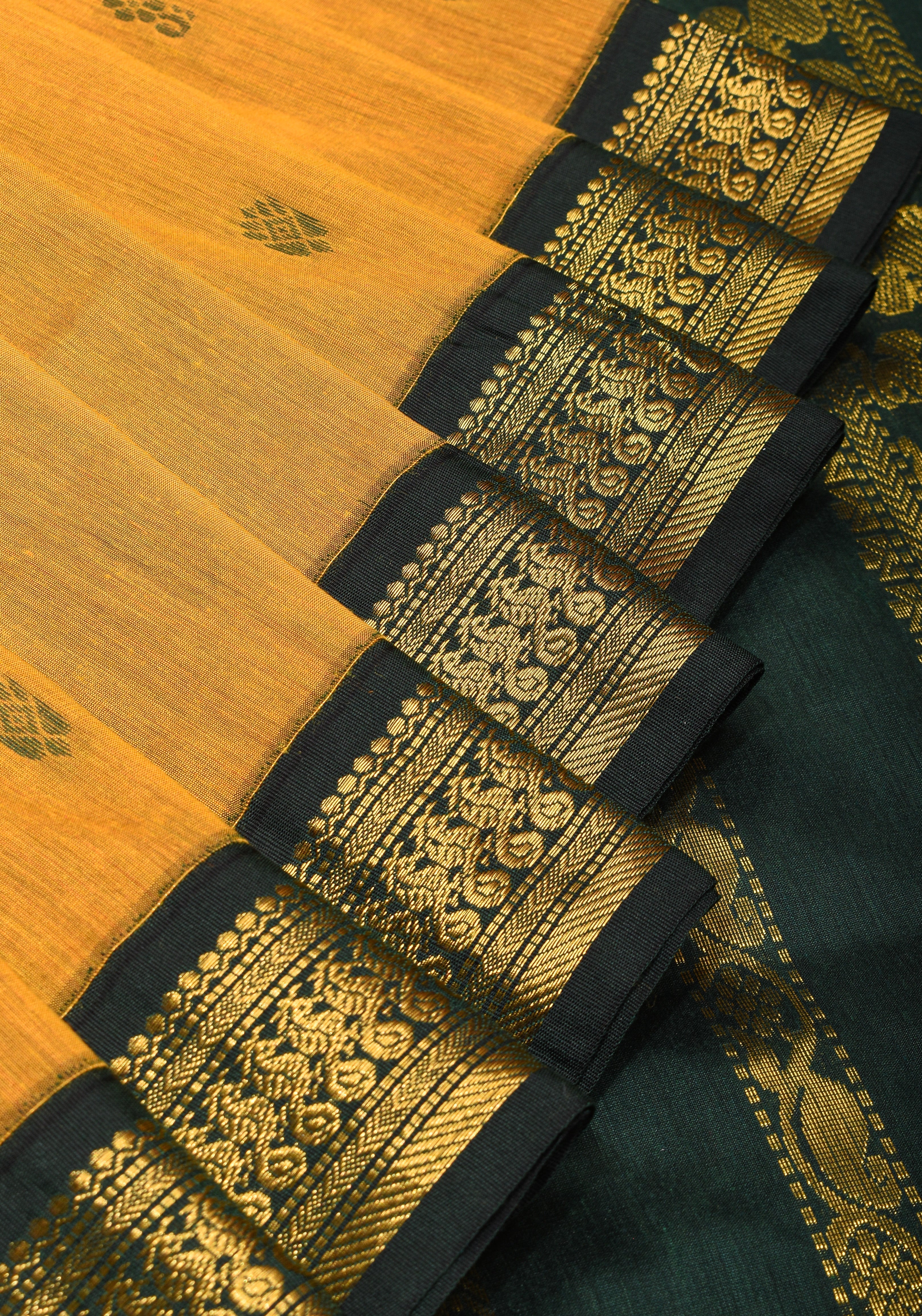 Ochre Cotton Silk Saree with Zari borders and GreenBlack Contrast