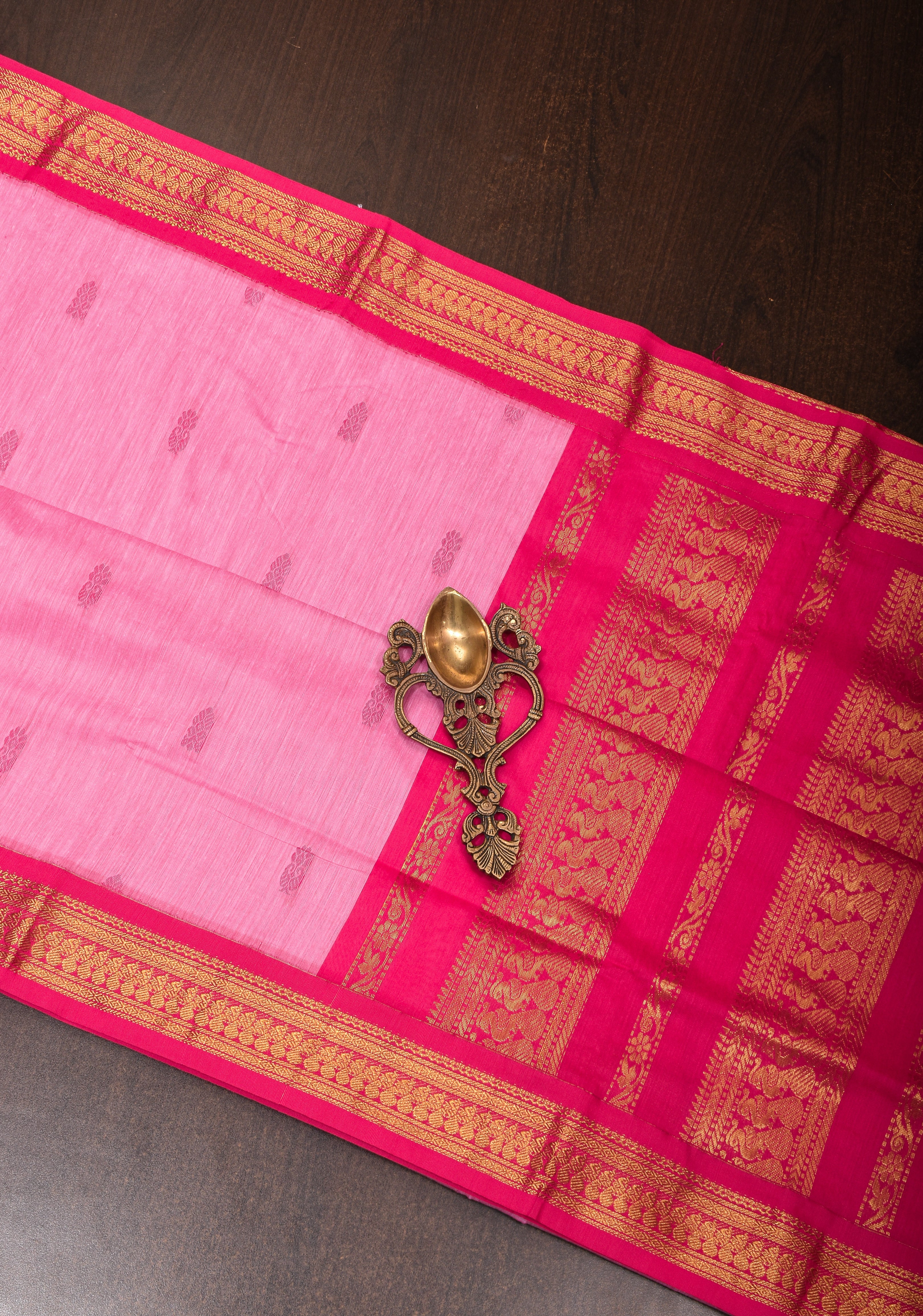 Thistle Cotton Silk Saree with Zari borders and Pink Contrast