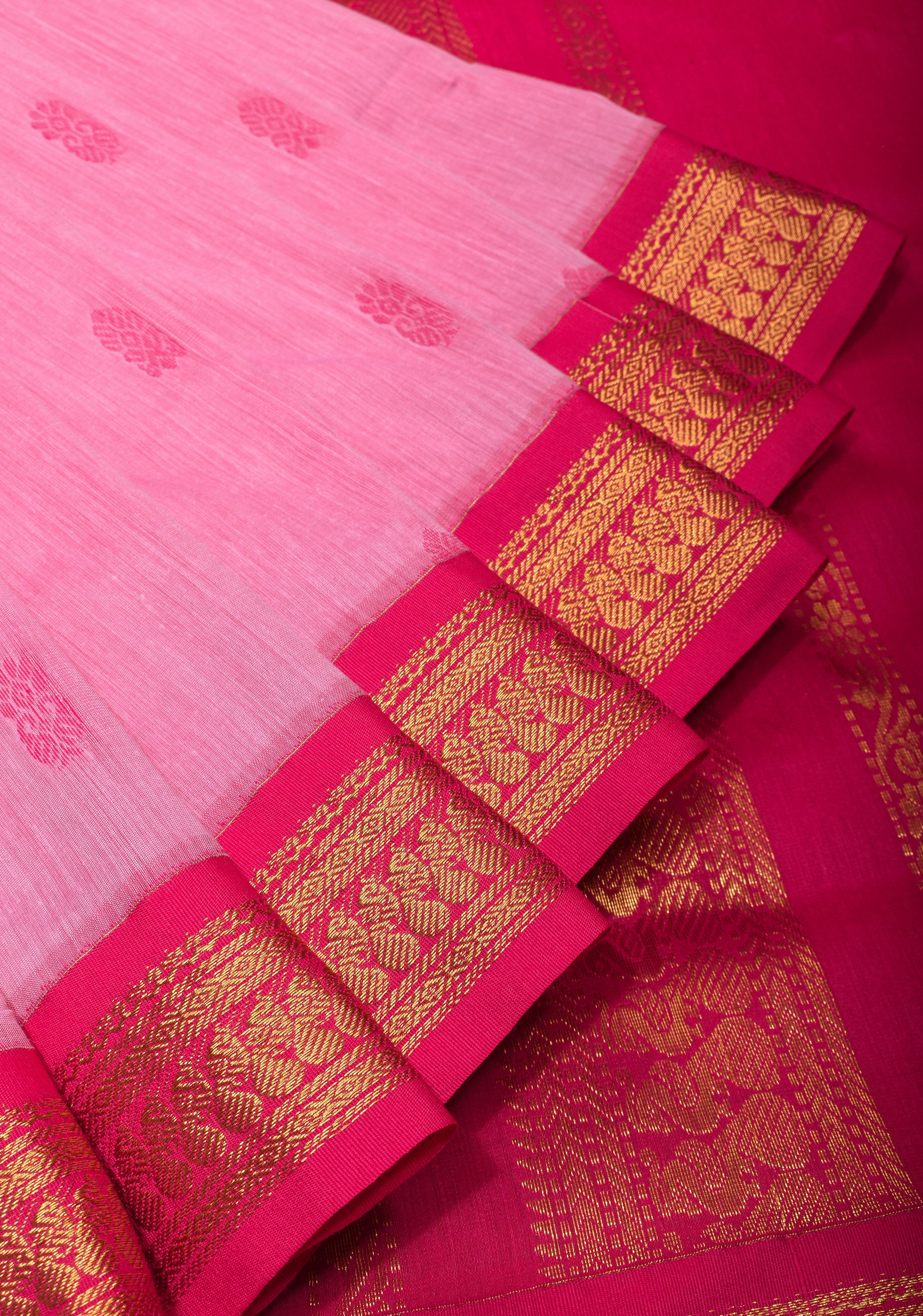 Thistle Cotton Silk Saree with Zari borders and Pink Contrast