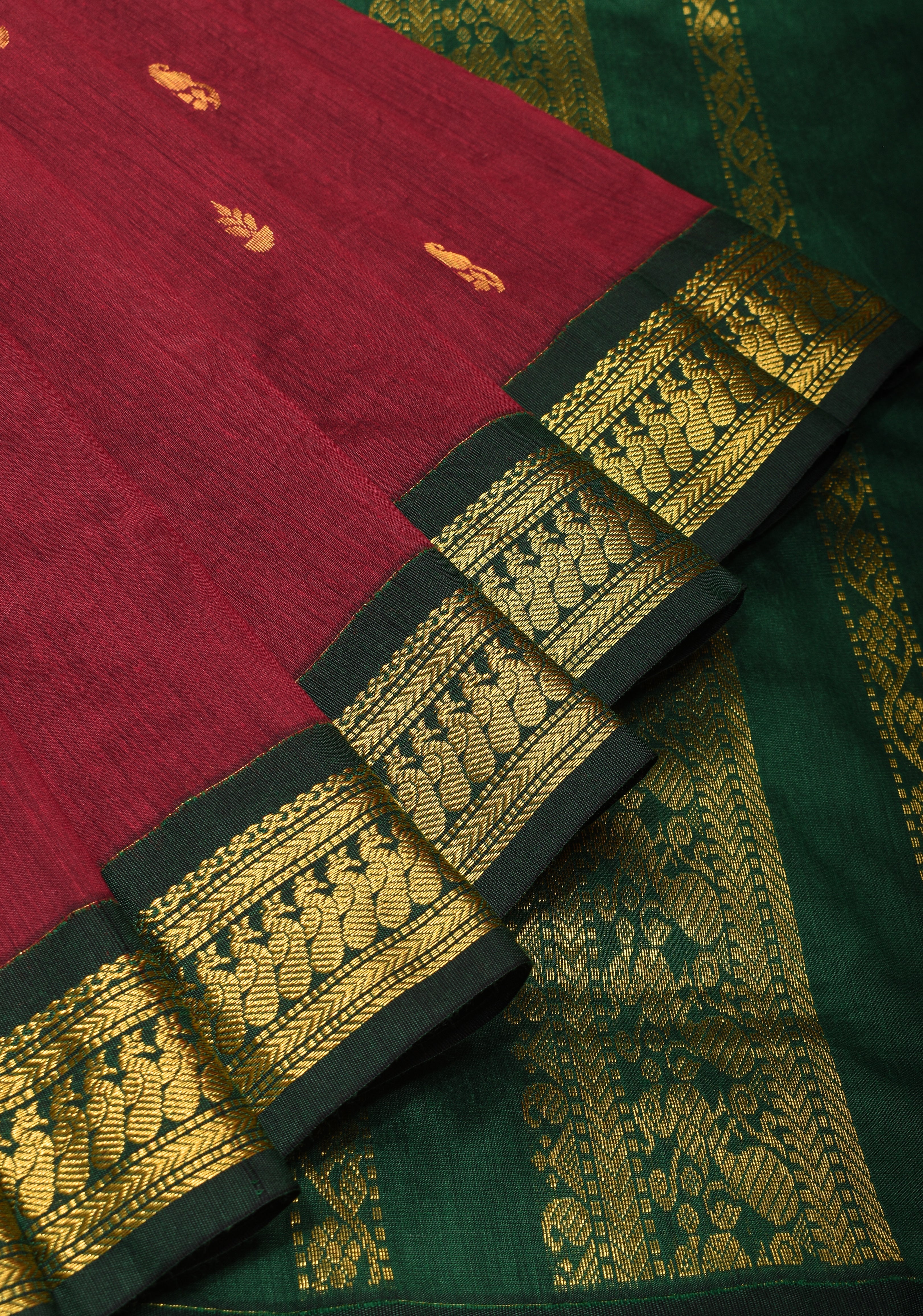 Maroon Cotton Silk Saree with Zari detailed Green Contrast