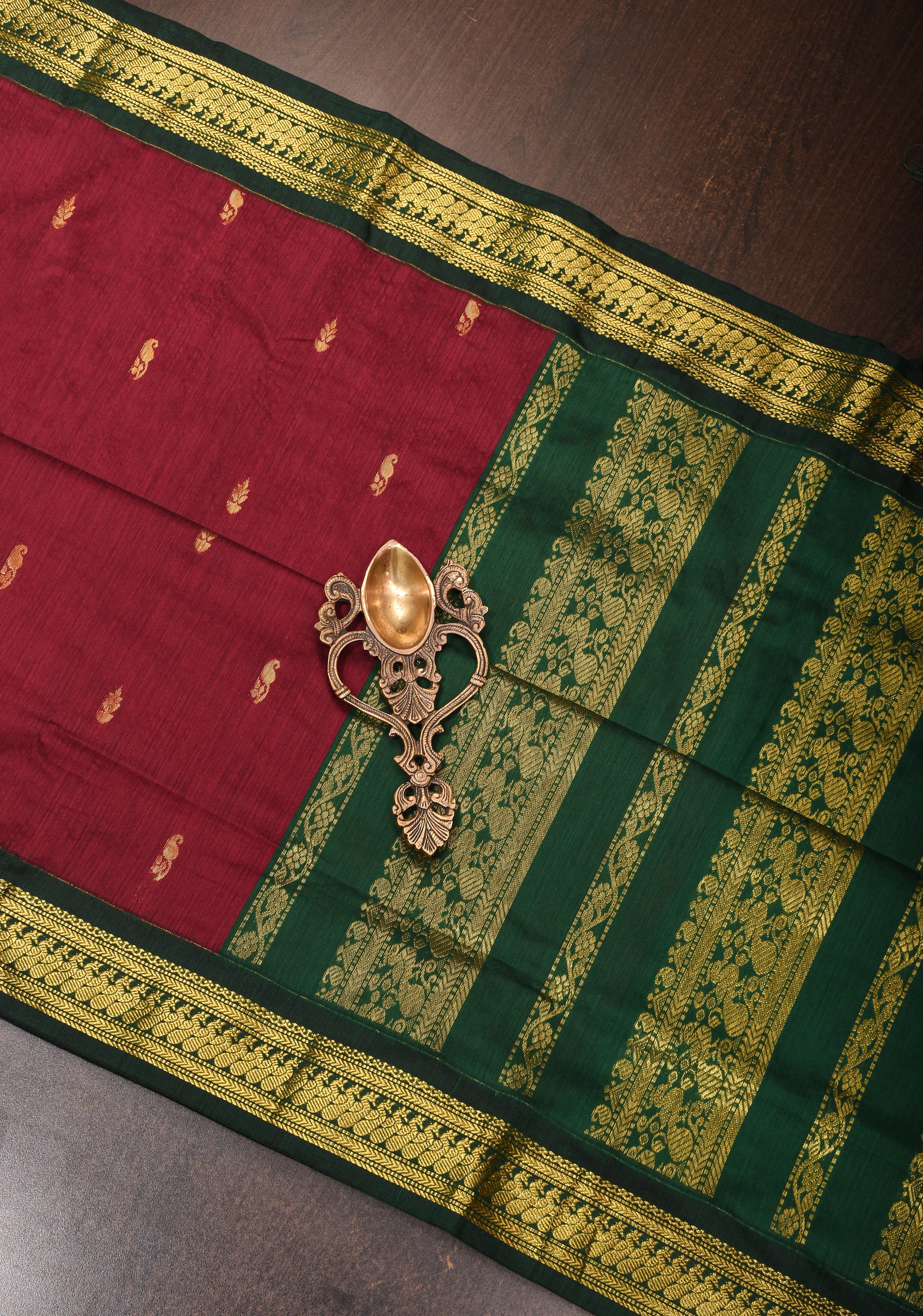 Maroon Cotton Silk Saree with Zari detailed Green Contrast