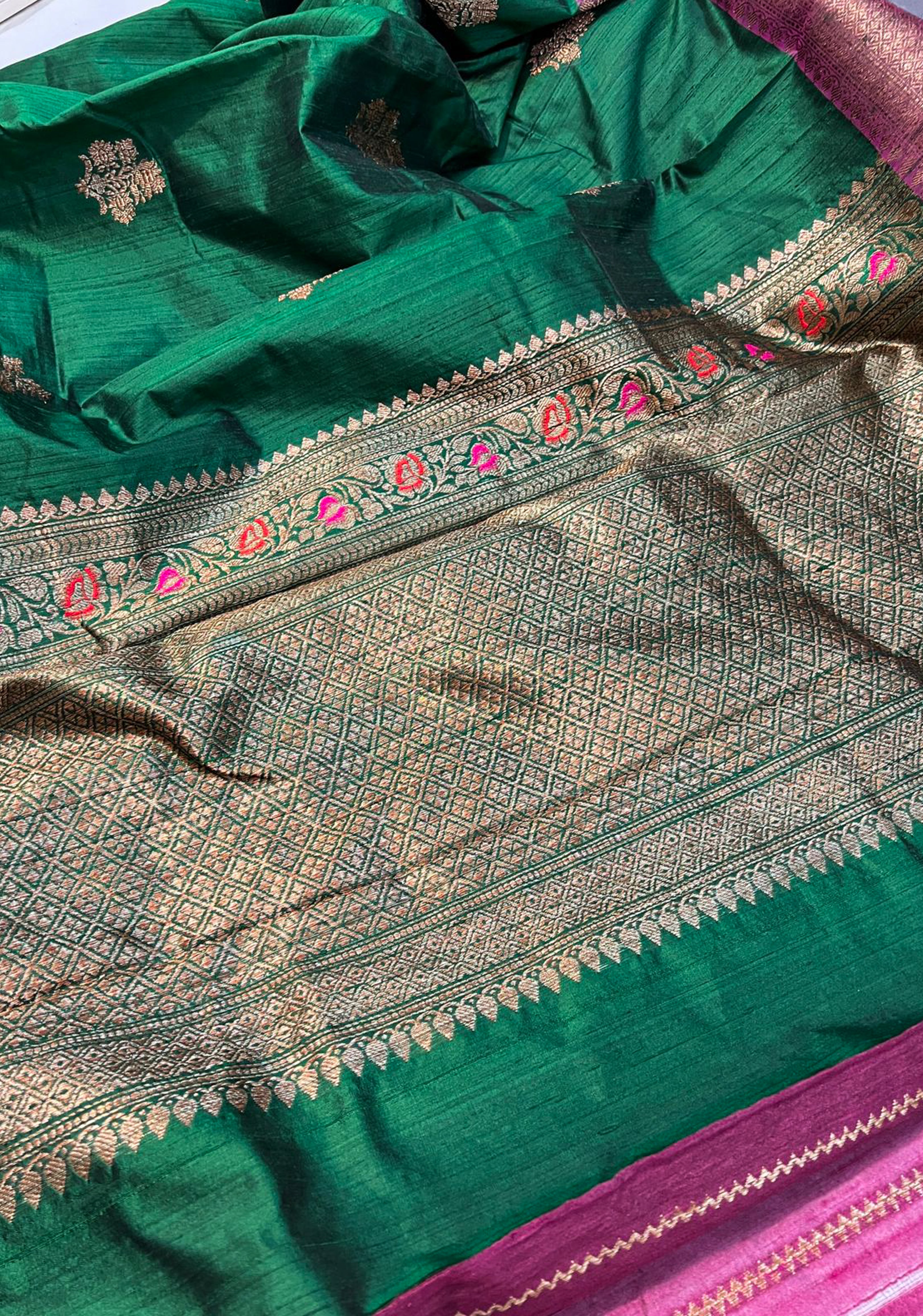 Emerald green Banarasi Pure Raw silk saree with antique zari and meenakari detailing | SILK MARK CERTIFIED