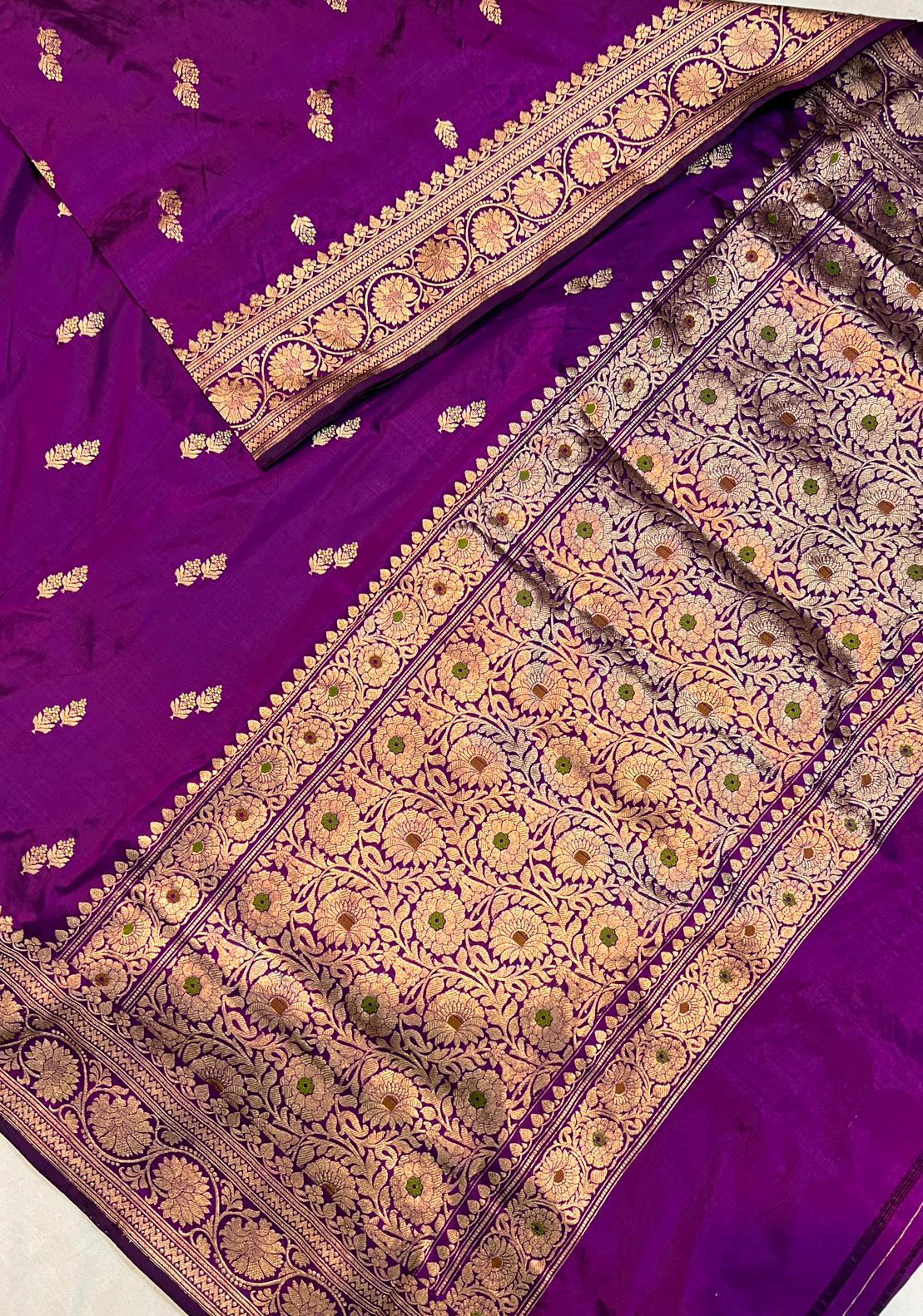 Purple lightweight Katan silk saree with meenakari floral borders and pallu | SILK MARK CERTIFIED