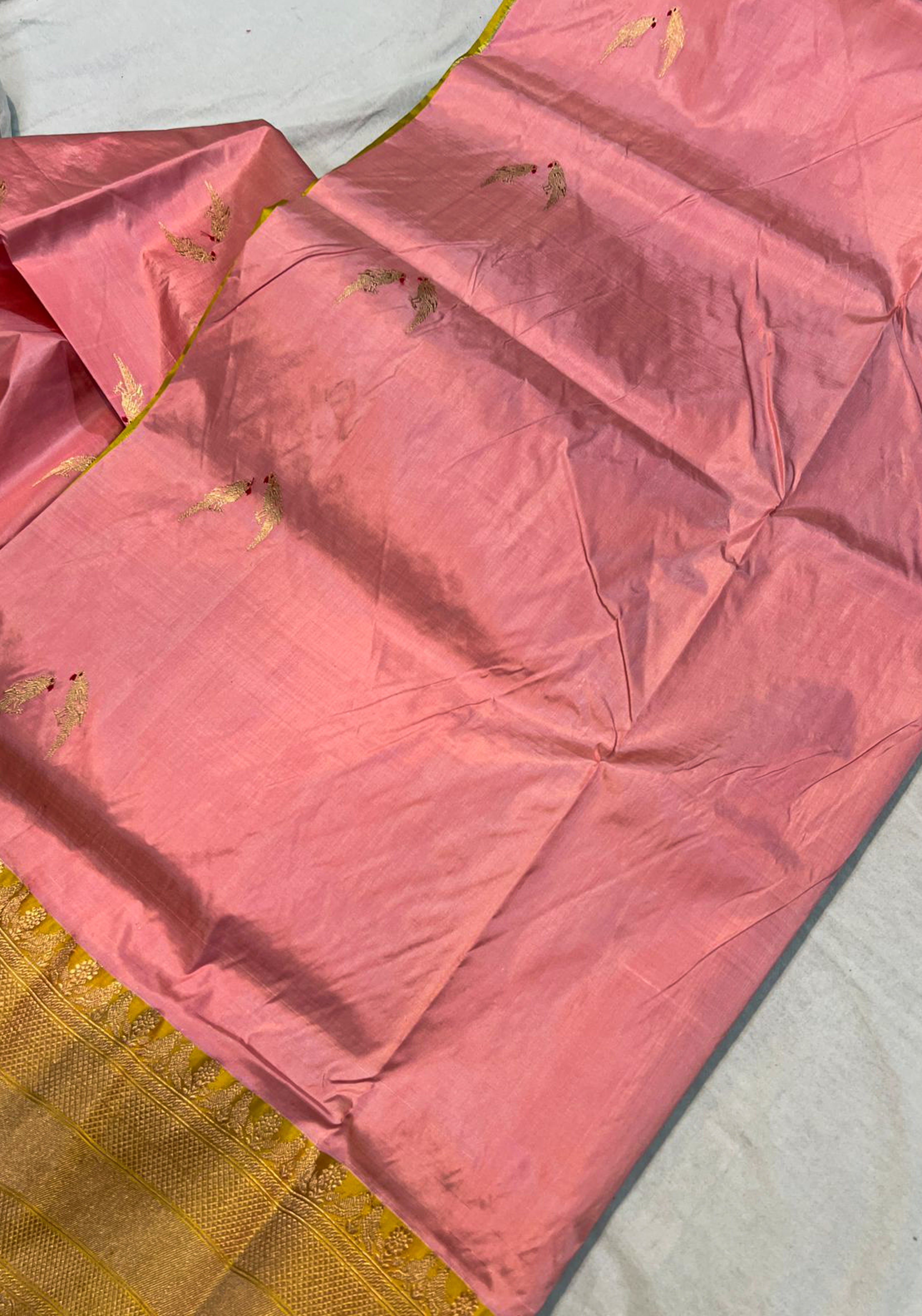 Shikaargah Twin Parrots Meena butta Banarasi Katan silk saree in peach | SILK MARK CERTIFIED