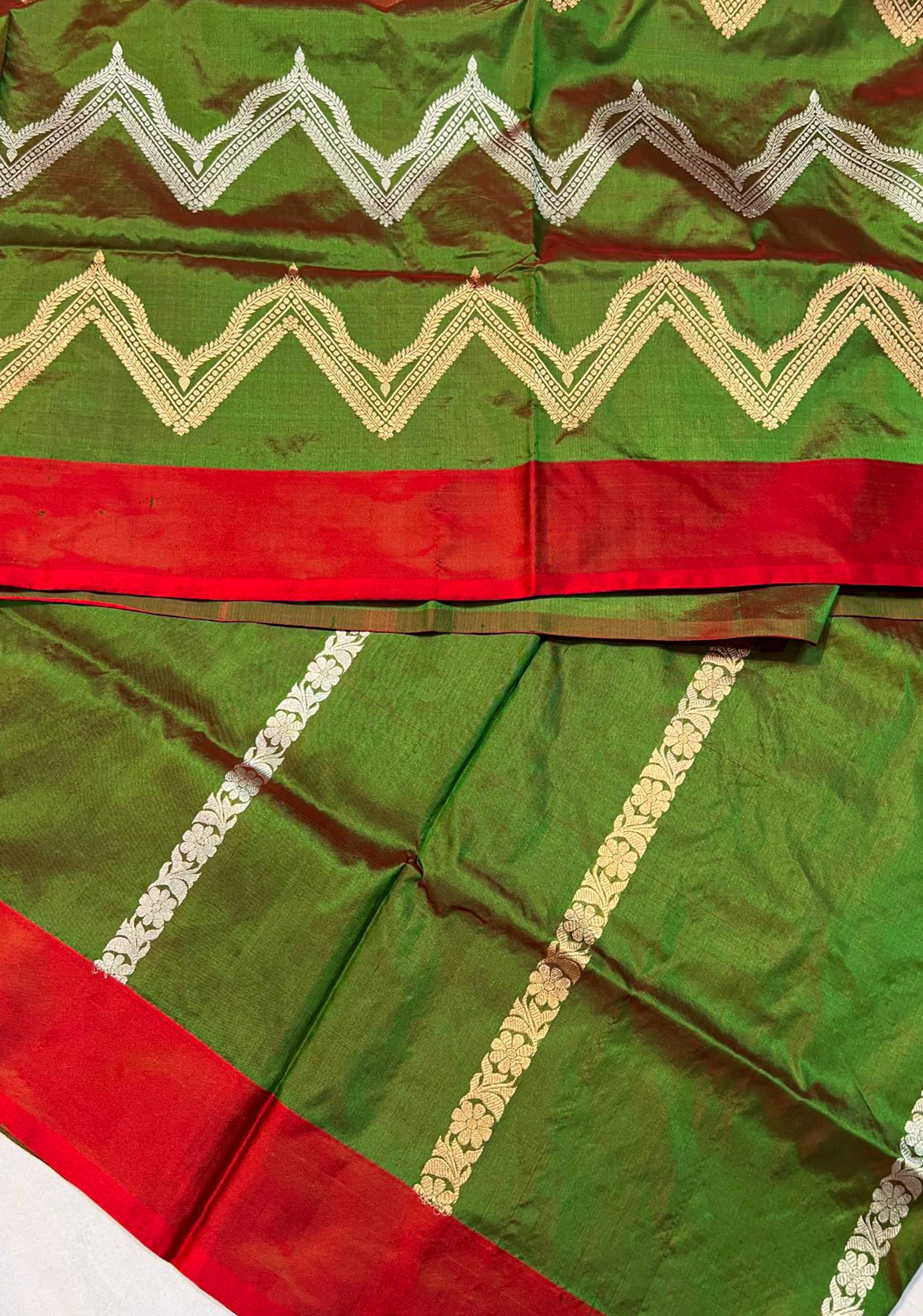 Half and Half kadhuwa Leheria and butta Banarasi Katan silk saree in mehendi green | SILK MARK CERTIFIED