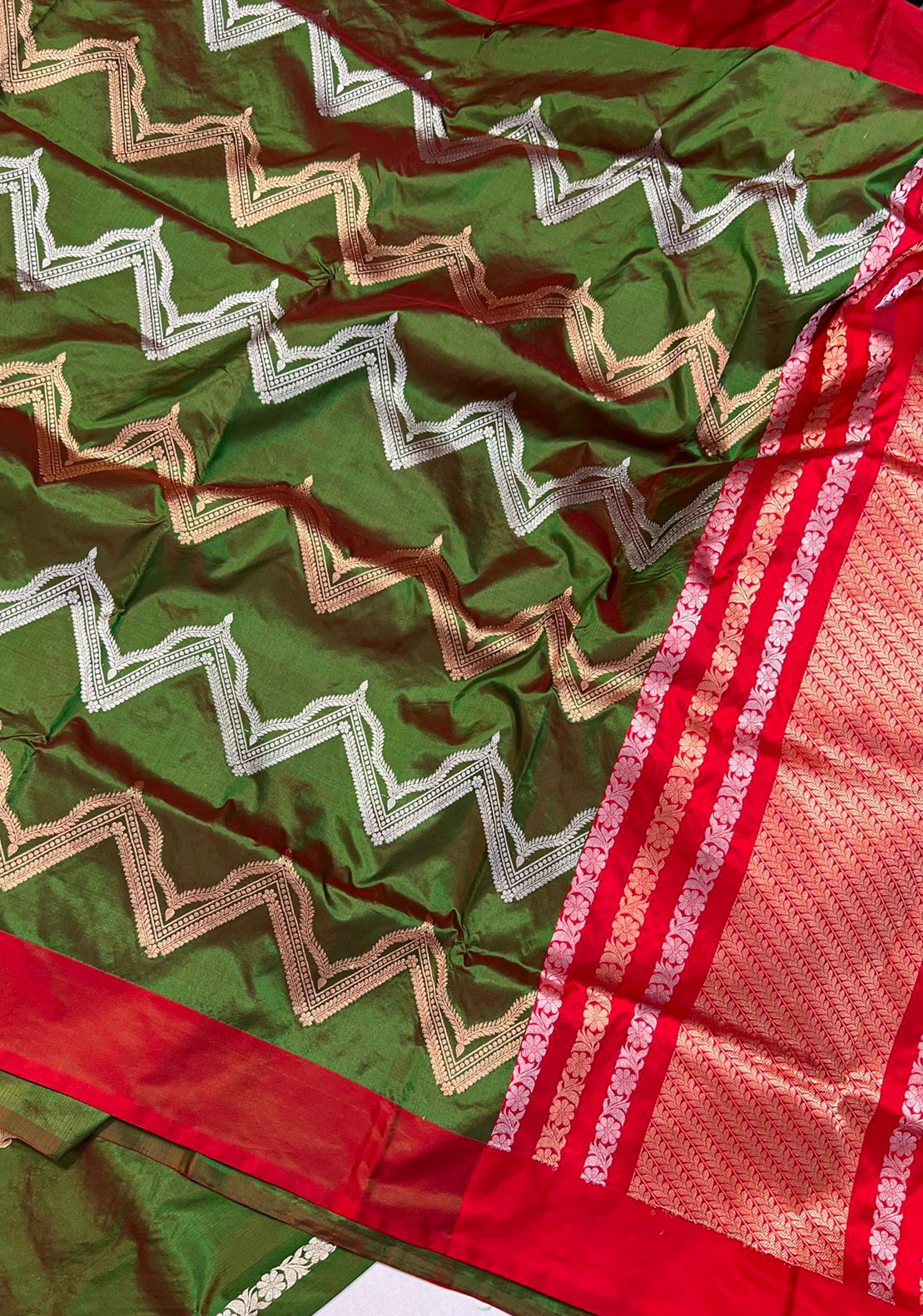 Half and Half kadhuwa Leheria and butta Banarasi Katan silk saree in mehendi green | SILK MARK CERTIFIED