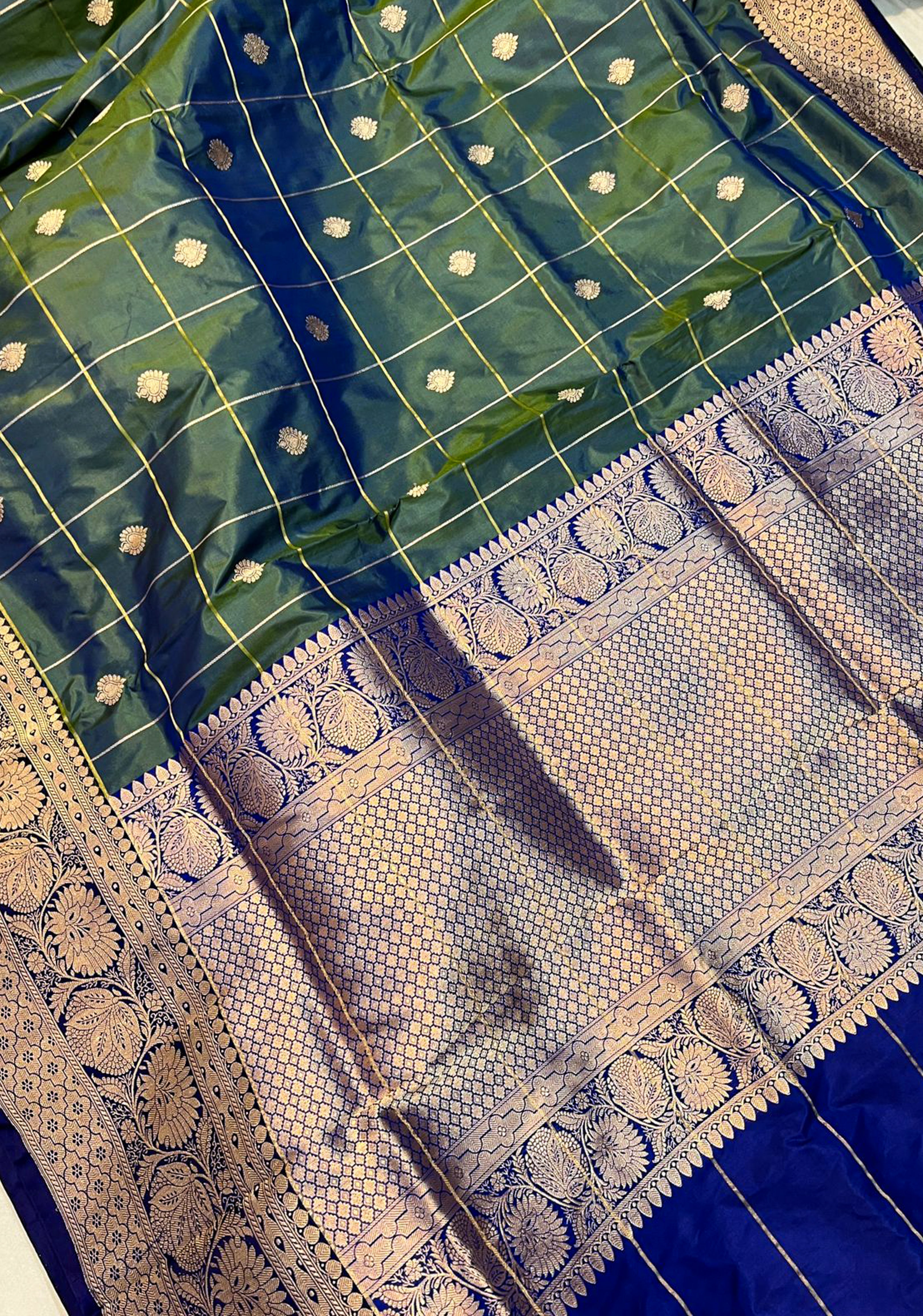 Gray Green dual tone Banarasi Katan silk saree with checks and buttas | SILK MARK CERTIFIED