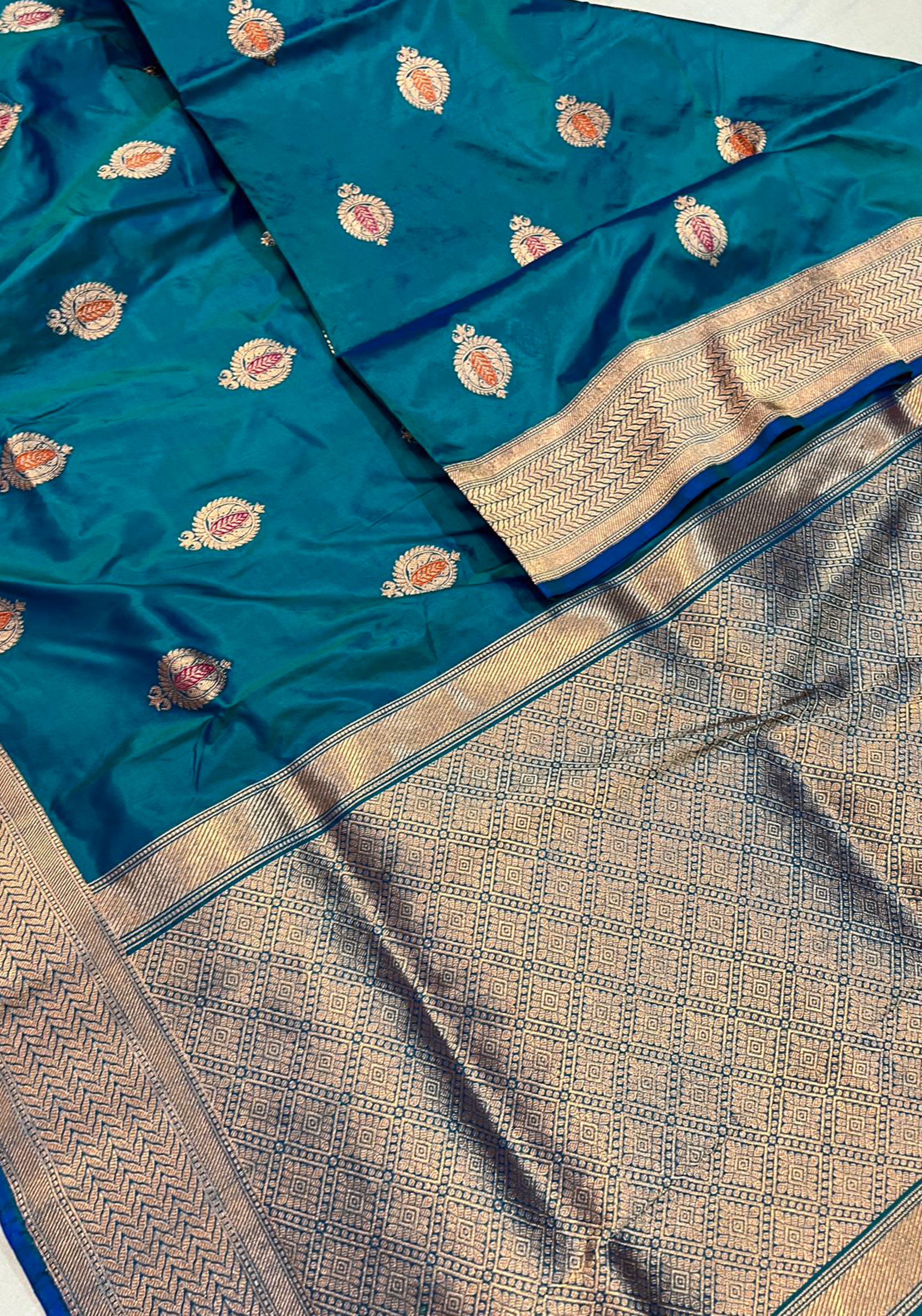 Anar Buta Peacock blue Banarasi Katan Silk meenakari saree