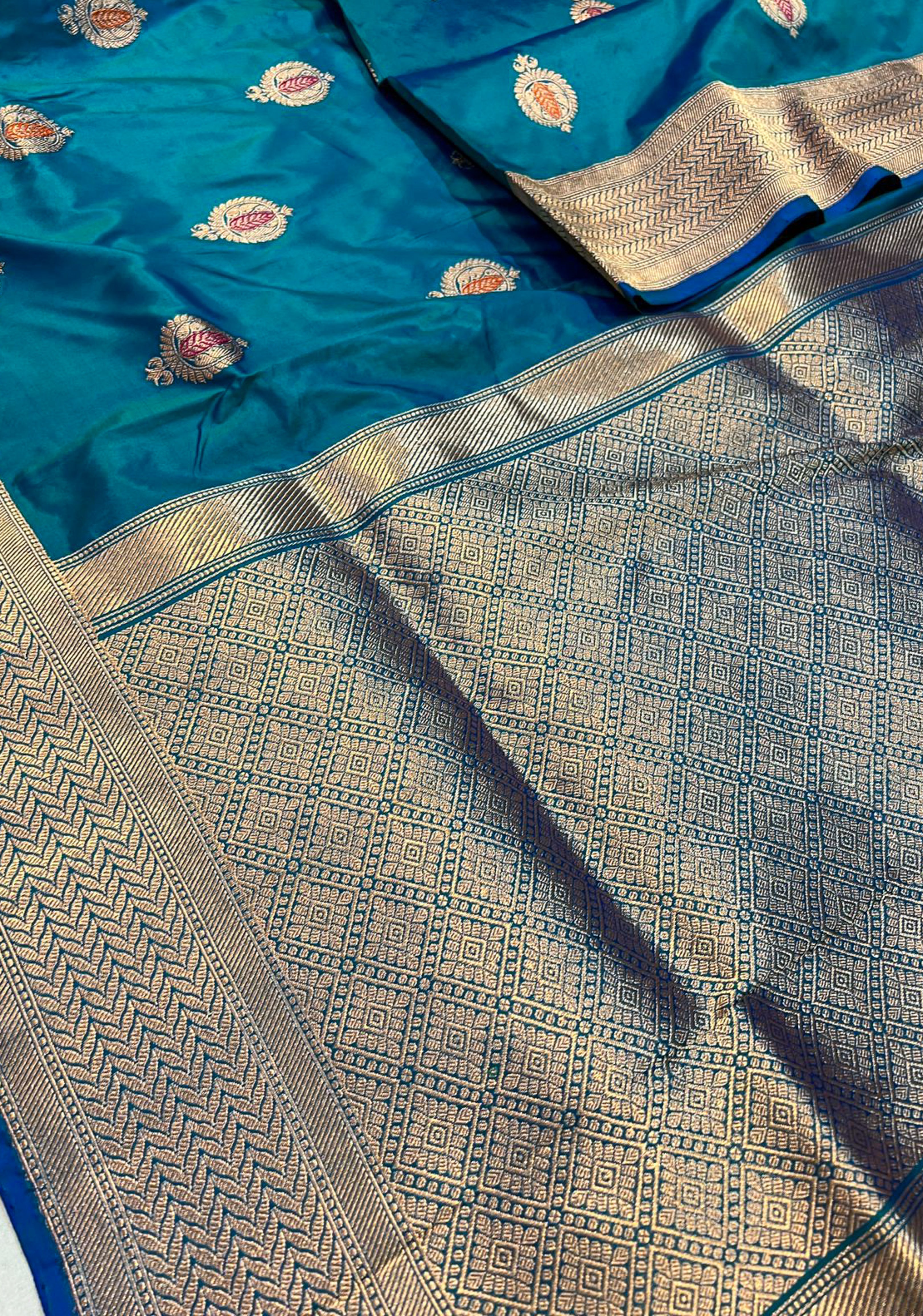 Anar Buta Peacock blue Banarasi Katan Silk meenakari saree