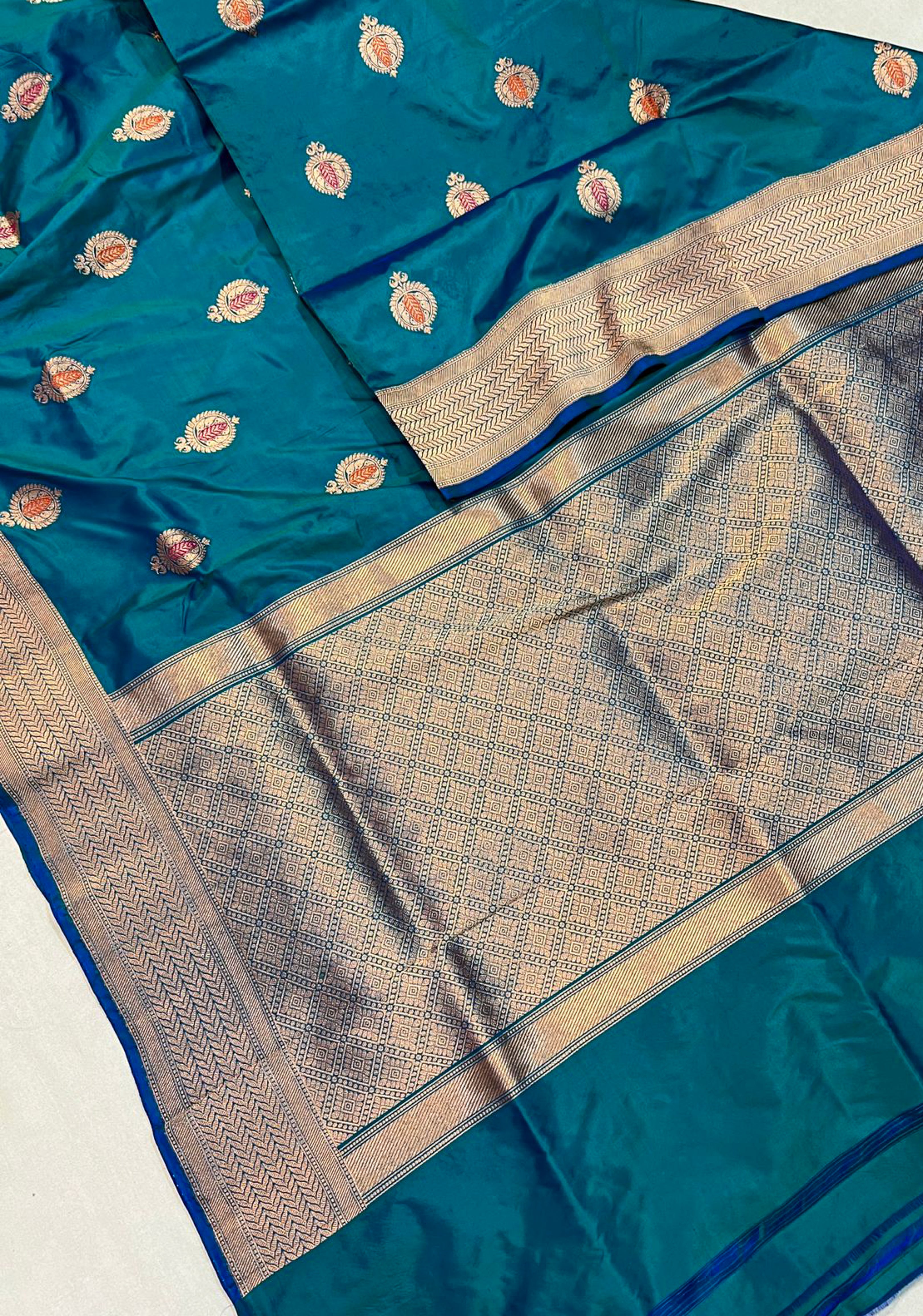 Anar Buta Peacock blue Banarasi Katan Silk meenakari saree