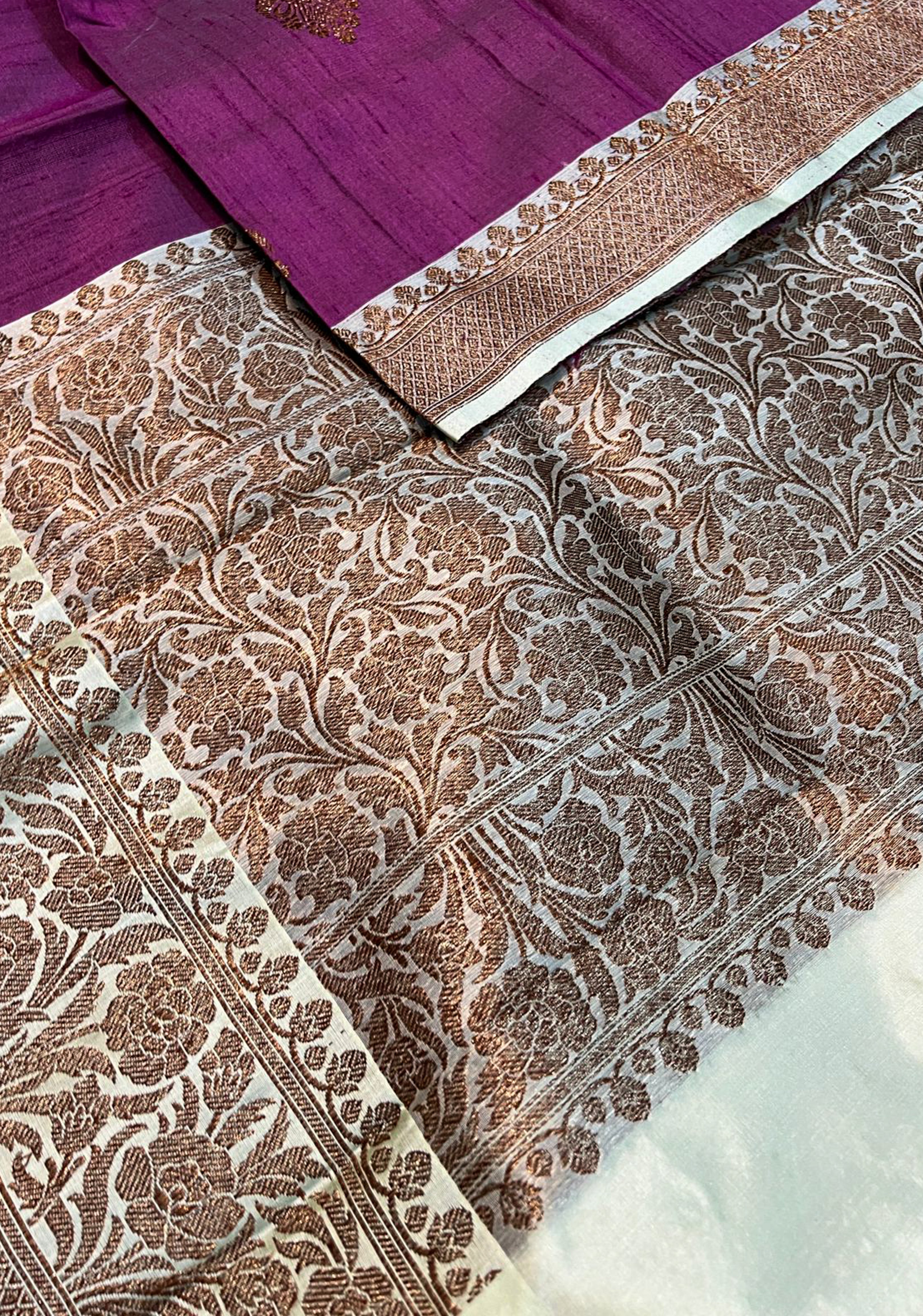 Plum Tussar silk saree with antique zari and cream contrast | SILK MARK CERTIFIED