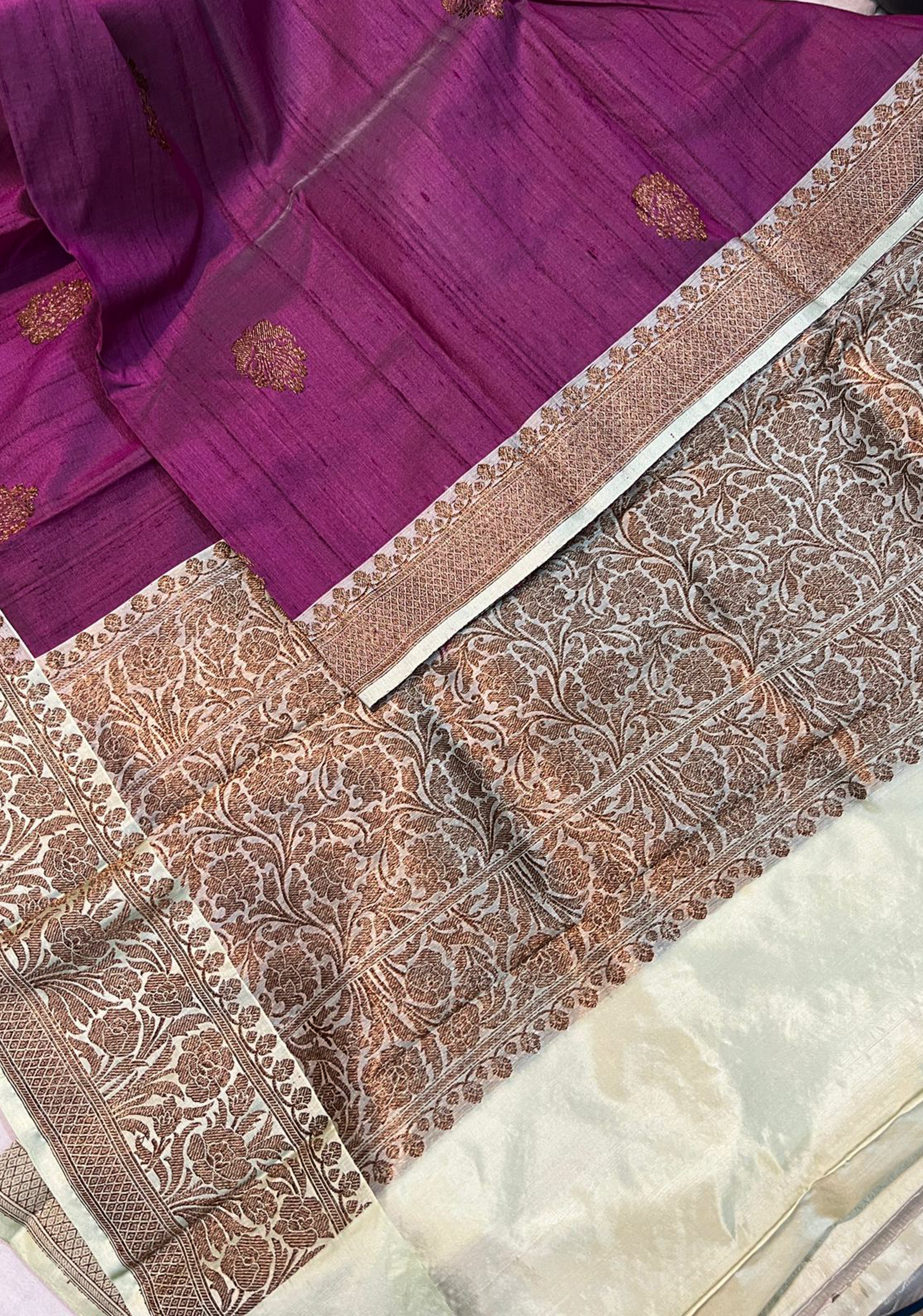 Plum Tussar silk saree with antique zari and cream contrast | SILK MARK CERTIFIED