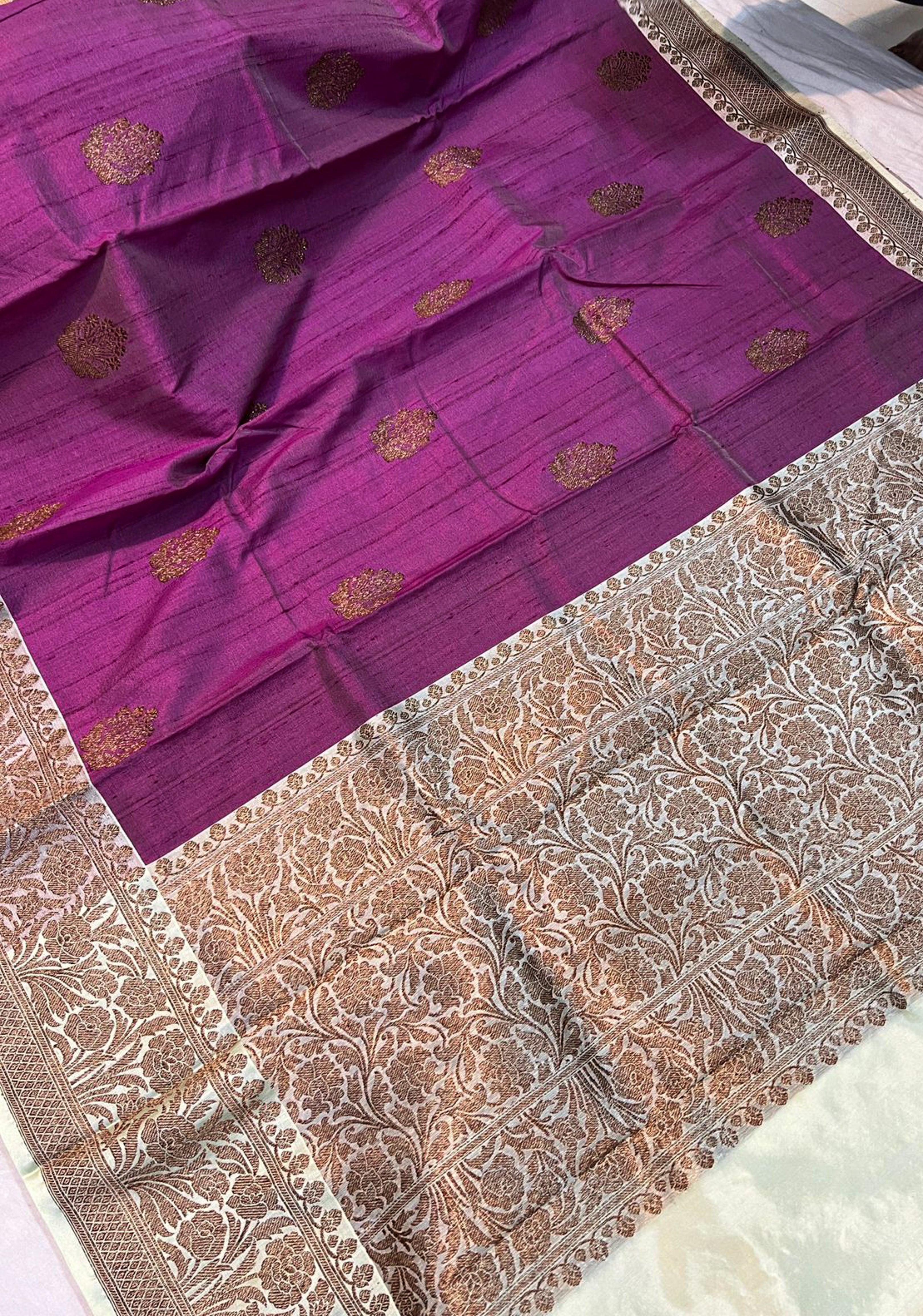 Plum Tussar silk saree with antique zari and cream contrast | SILK MARK CERTIFIED