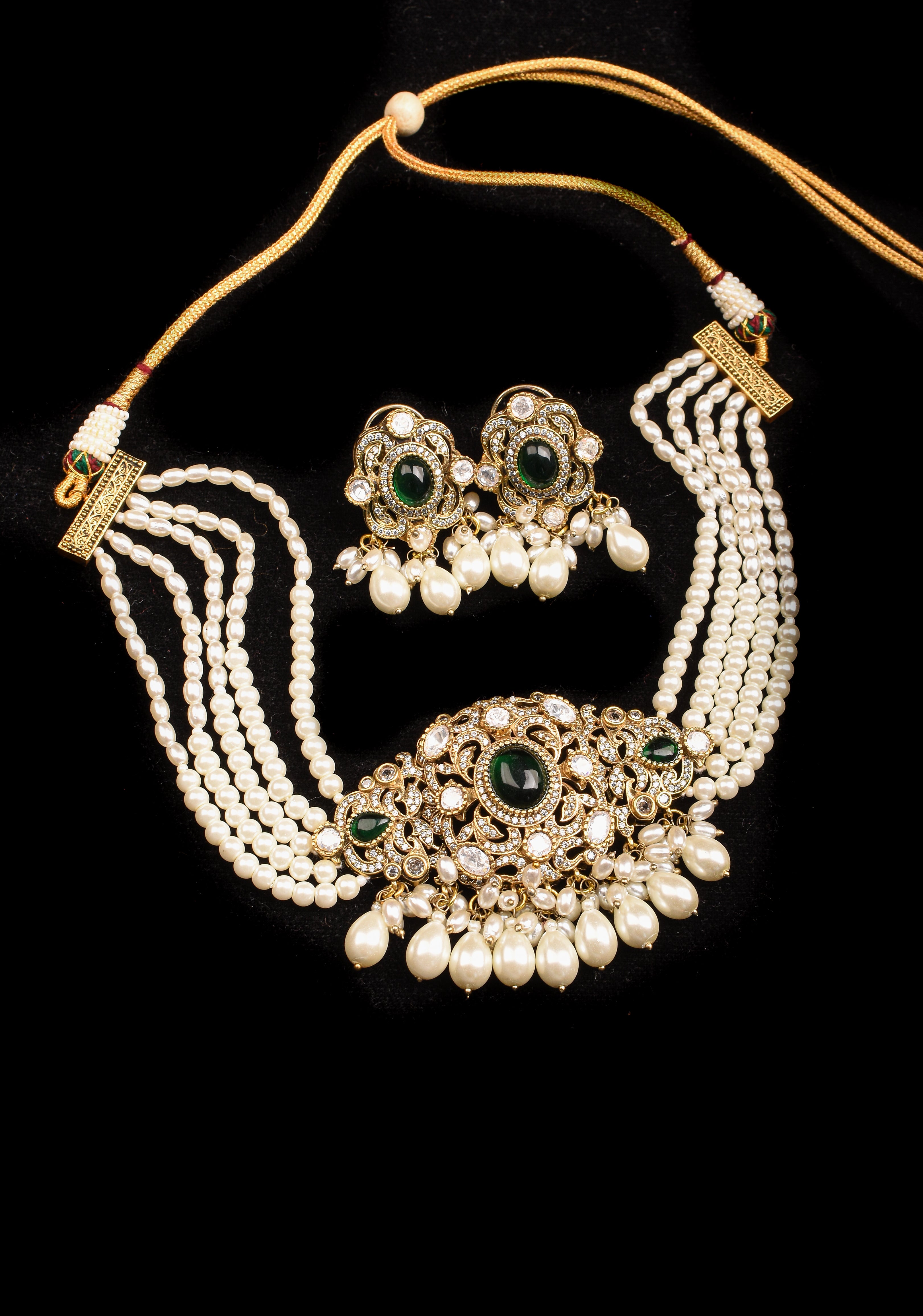 Multistrand White Beads kundan Floral Pendant Choker set | Shobitam Jewelry