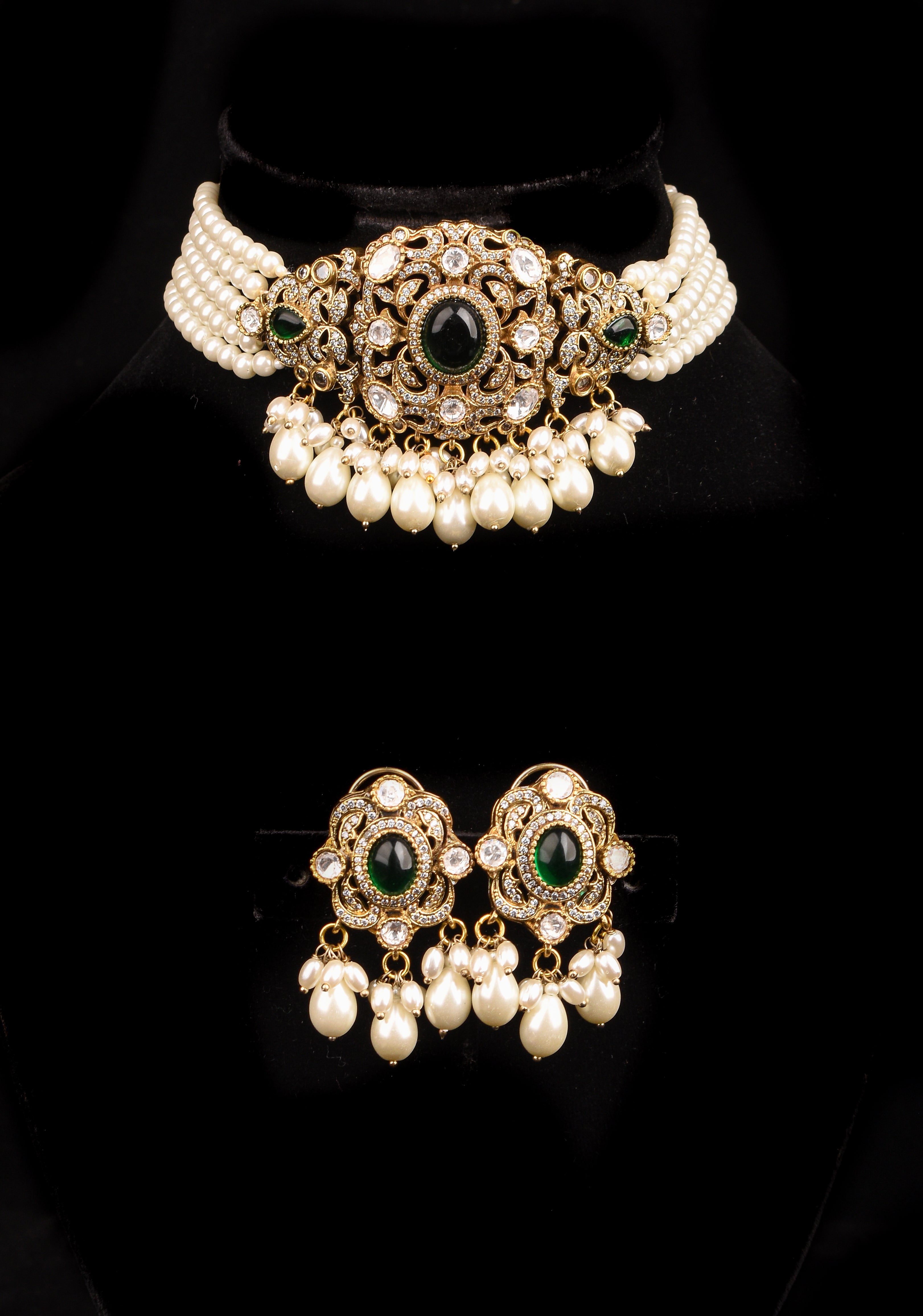 Multistrand White Beads kundan Floral Pendant Choker set | Shobitam Jewelry