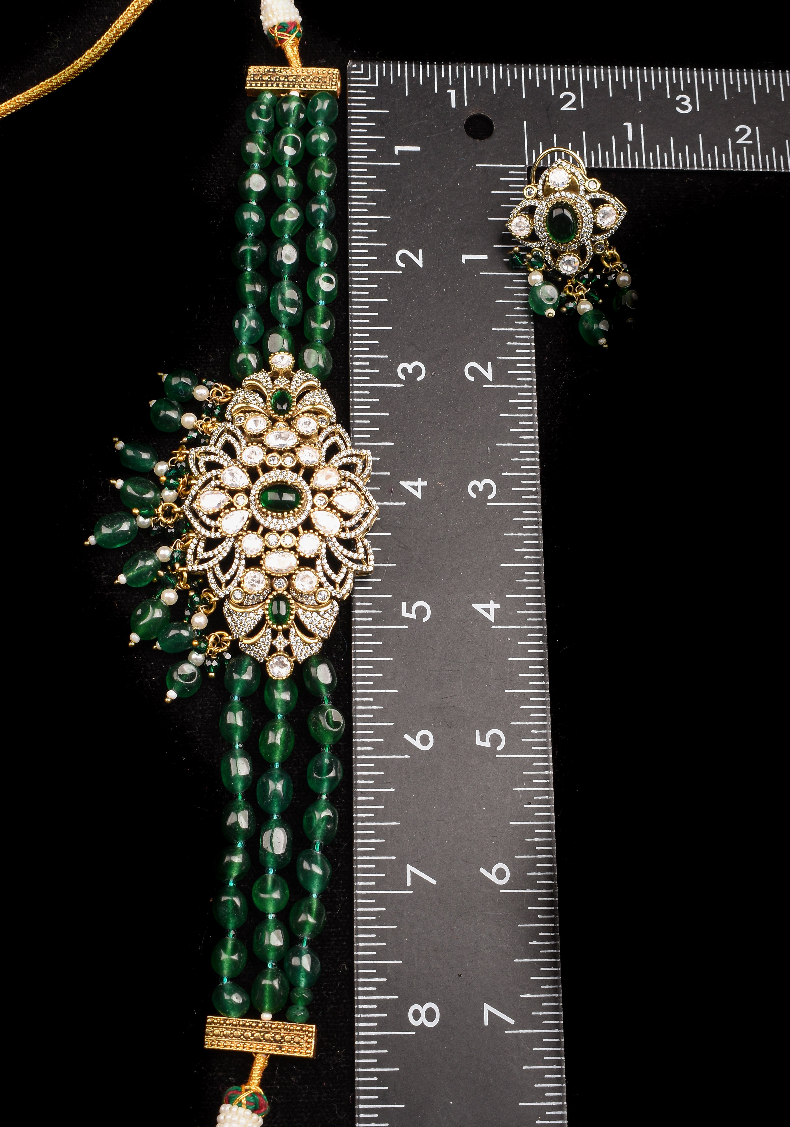 Multi Strands Emerald Green Beads kundan Floral Pendant Choker set with dangling Green Beads| Shobitam Jewelry