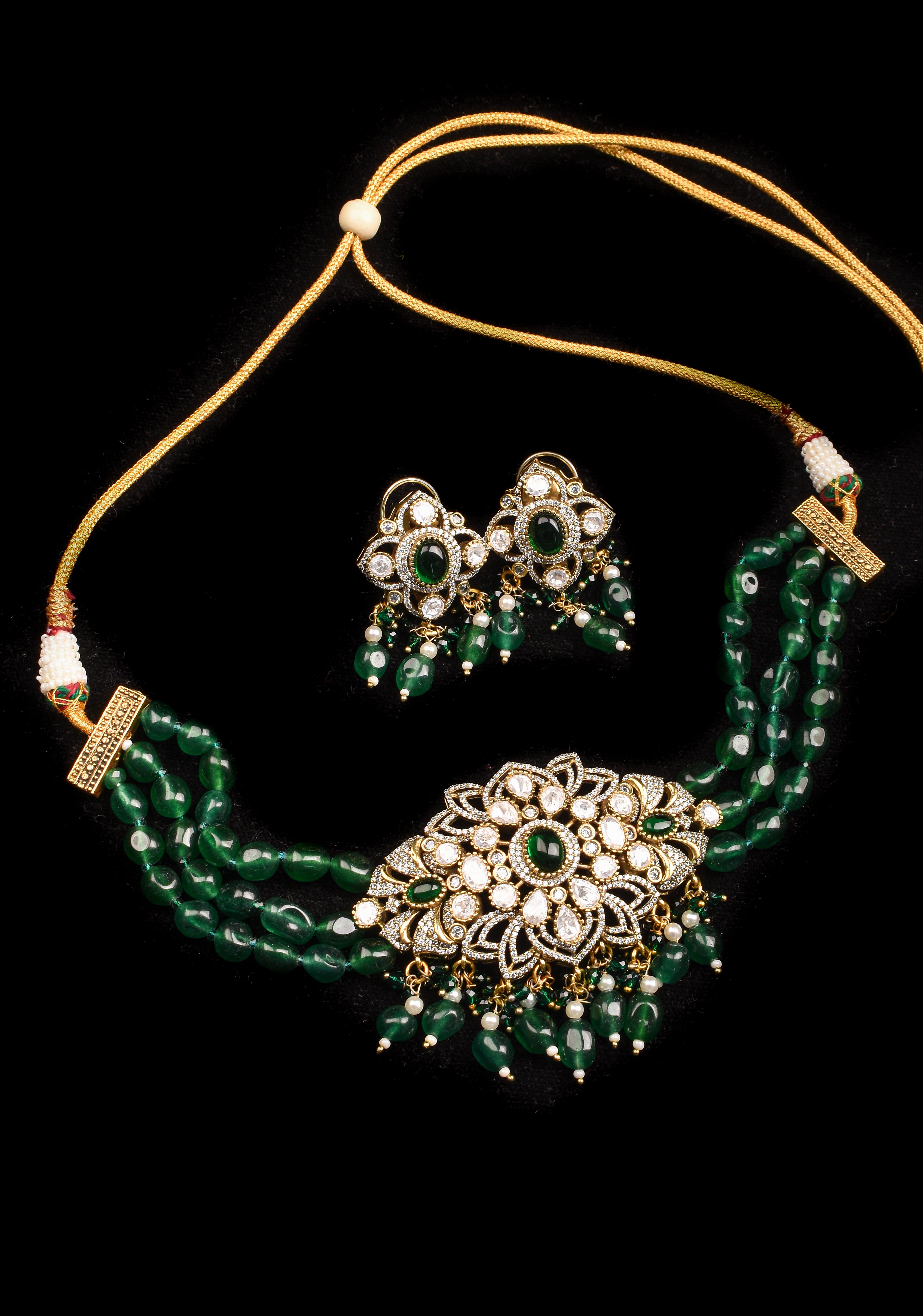 Multi Strands Emerald Green Beads kundan Floral Pendant Choker set with dangling Green Beads| Shobitam Jewelry