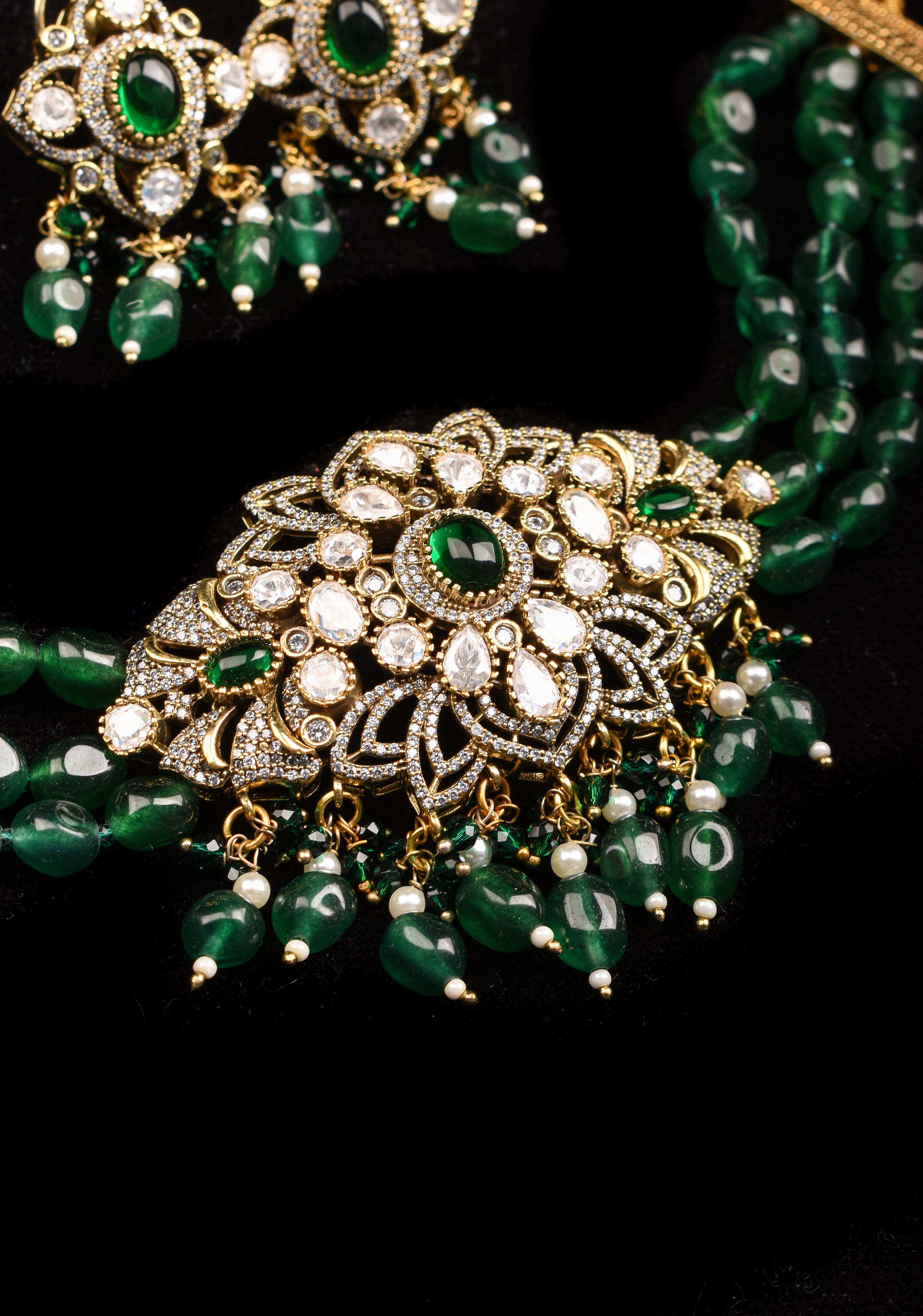 Multi Strands Emerald Green Beads kundan Floral Pendant Choker set with dangling Green Beads| Shobitam Jewelry