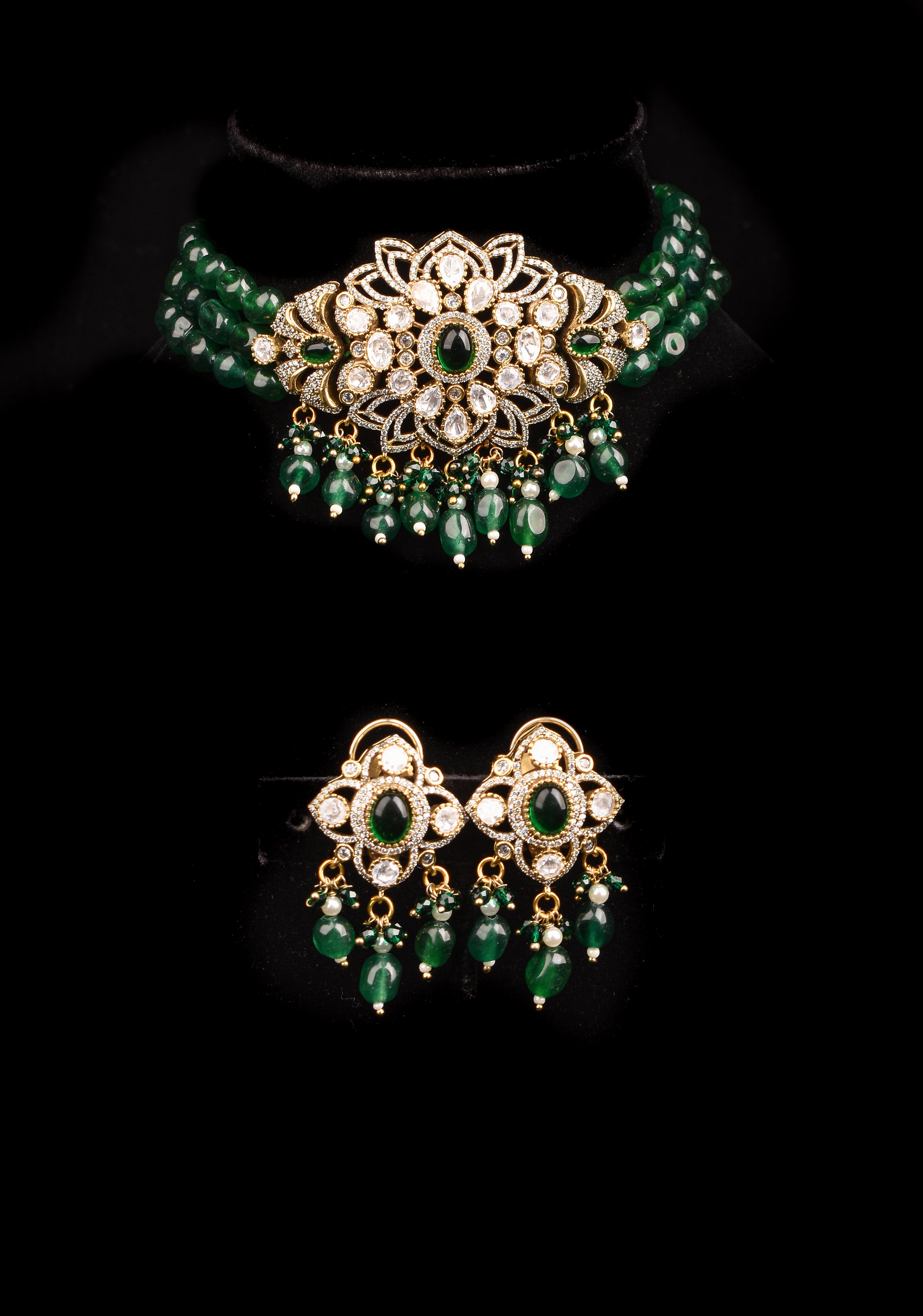 Multi Strands Emerald Green Beads kundan Floral Pendant Choker set with dangling Green Beads| Shobitam Jewelry