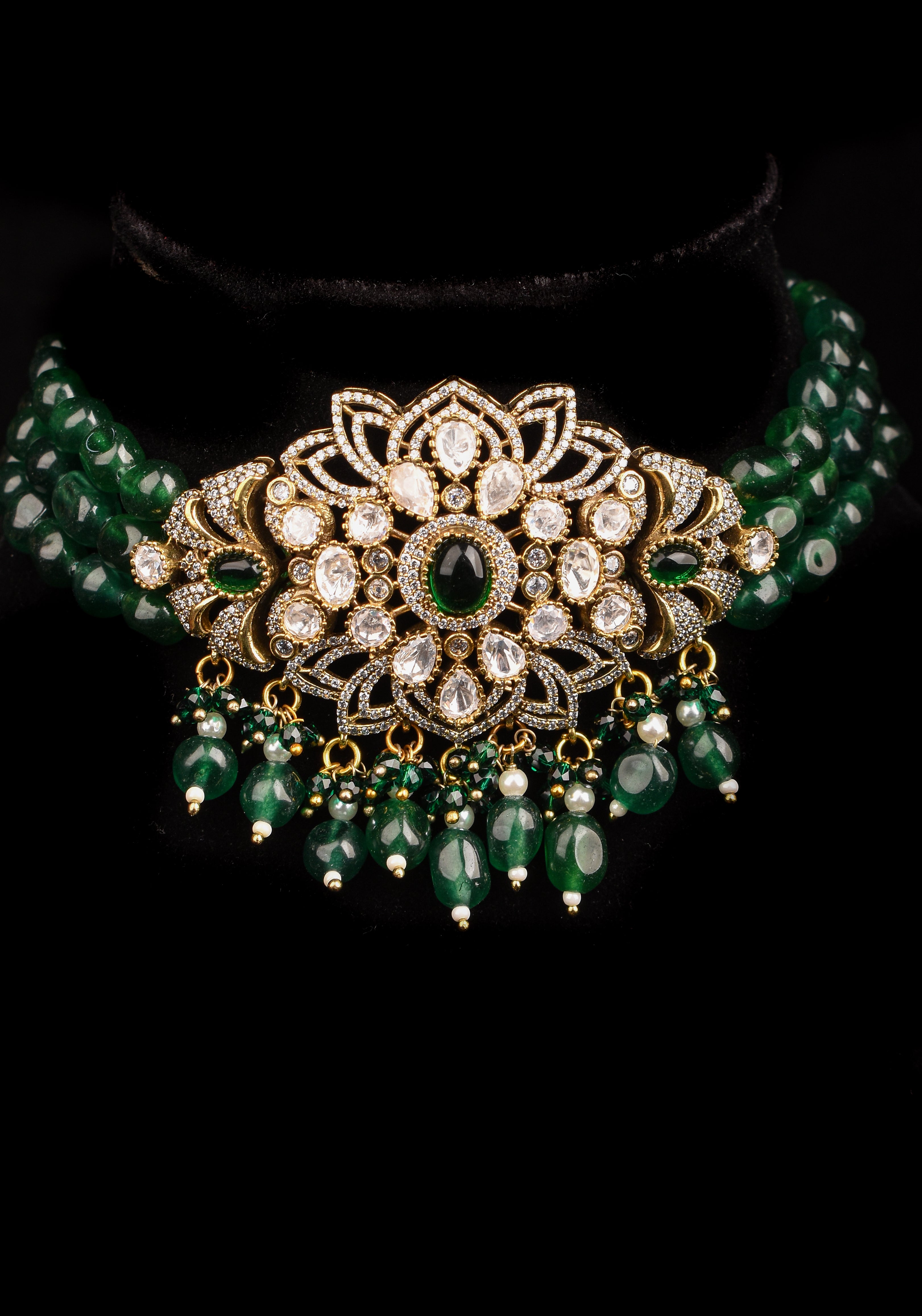 Multi Strands Emerald Green Beads kundan Floral Pendant Choker set with dangling Green Beads| Shobitam Jewelry